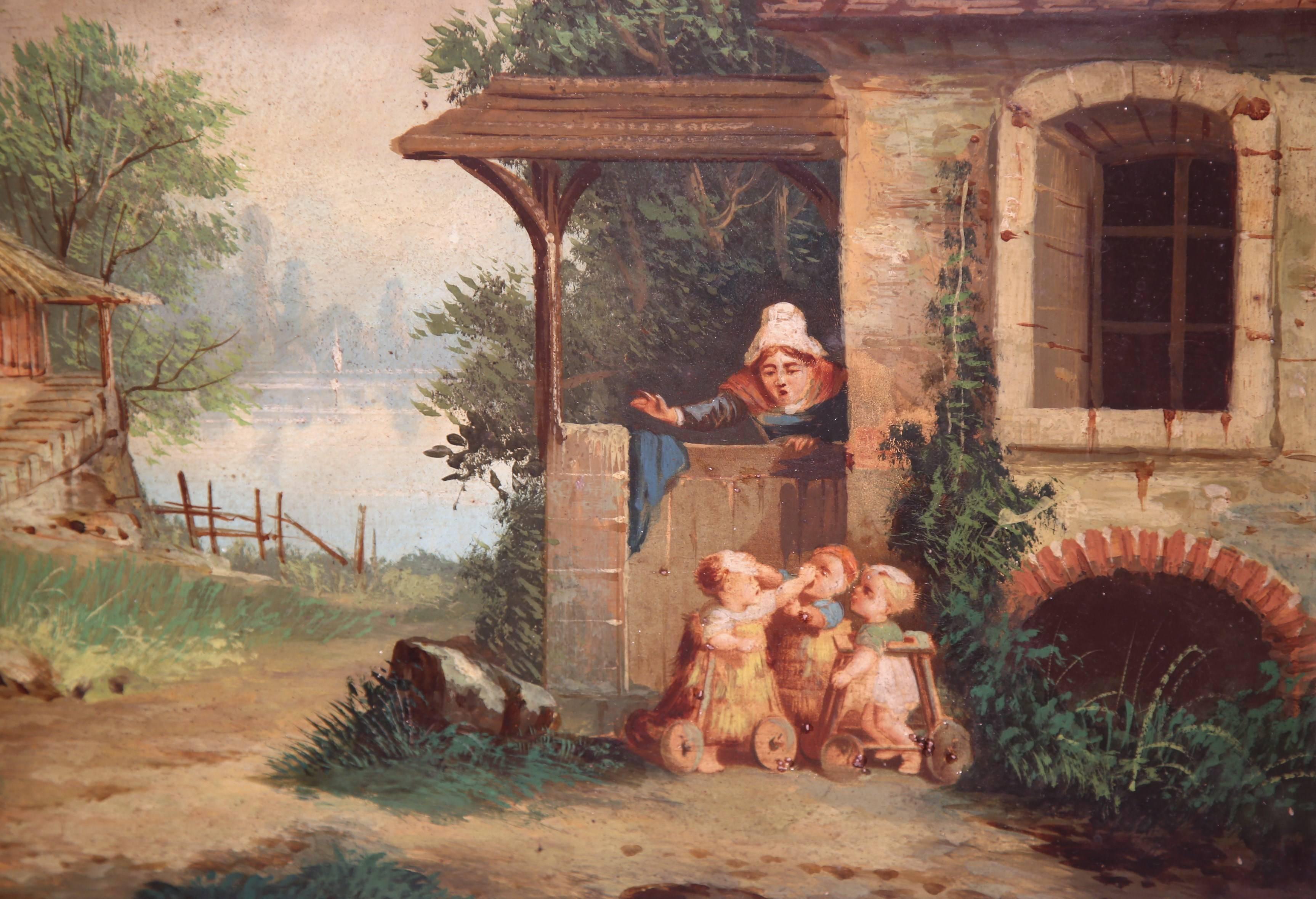 This unique, antique clock painting was painted on metal in France circa 1860. The oil painting sits inside a carved, gilt frame and depicts a village scene with three children playing and a mother looking over them. The original clock and the music
