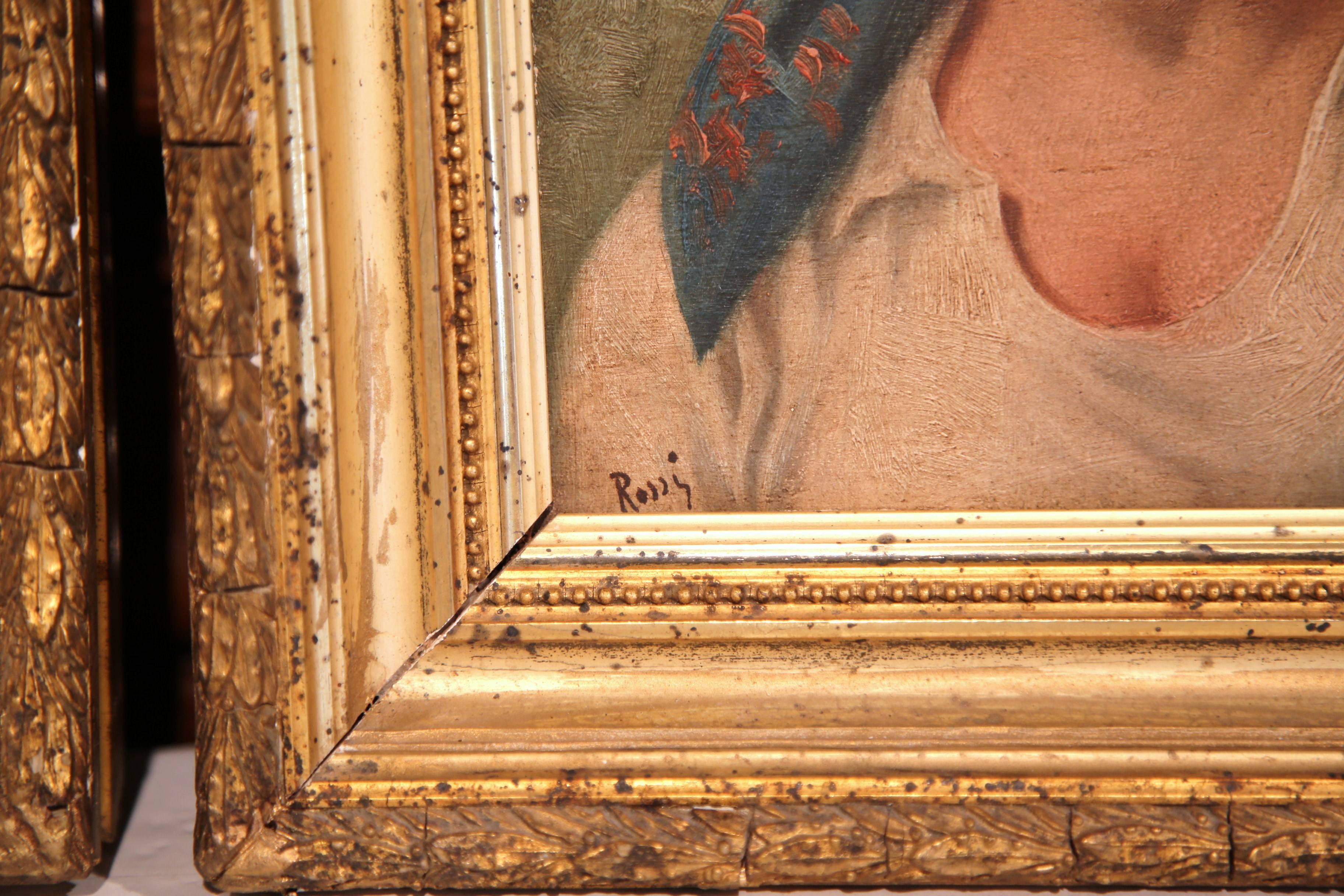 Pair of 19th Century Italian Portraits Paintings in Gilt Frames Signed Rossi For Sale 1