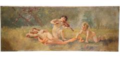 19th Century French Oil on Board Painting with Cherubs Signed H. Borneau