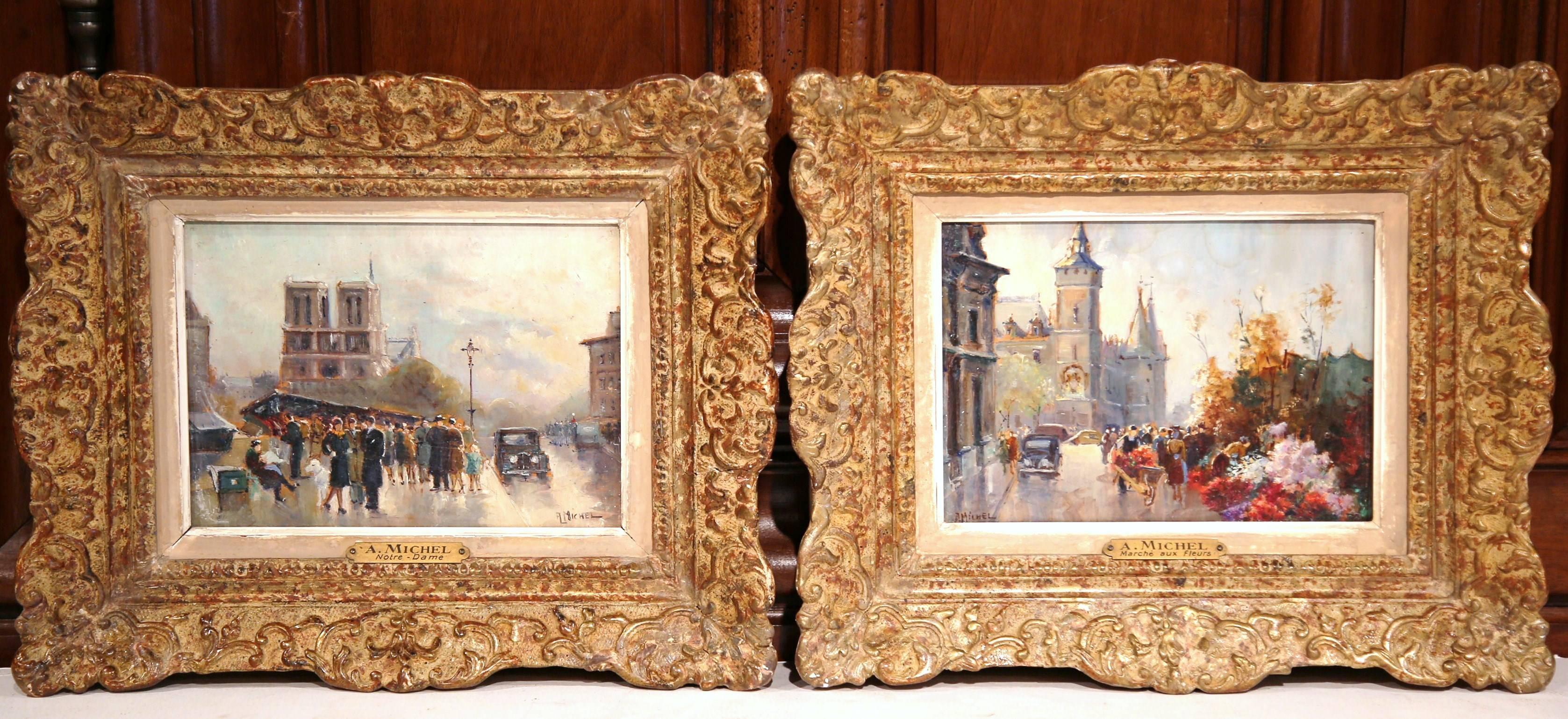 This beautiful antique oil on board paintings were created in France circa 1942. Each painting, is set inside an ornate, carved gilt frame, and depicts two iconic  Paris landmarks on the Ile de la Cite: " Notre-Dame" and " Le Marche aux Fleurs".