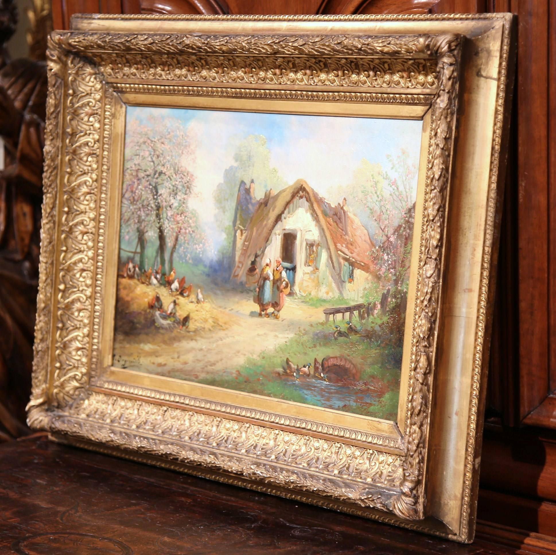 19th Century French Oil on Canvas Country Scene Painting Signed Degerville For Sale 2