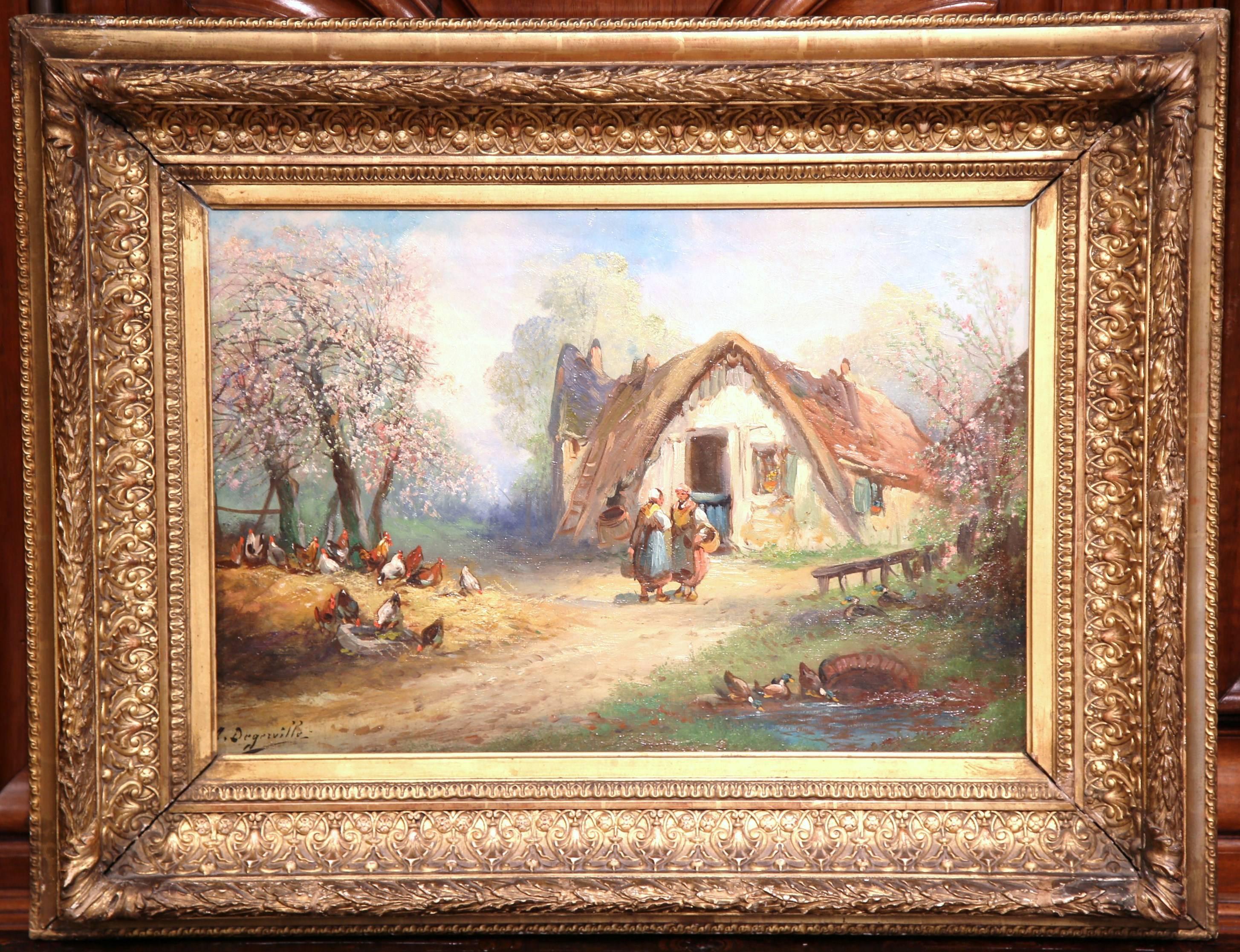 19th Century French Oil on Canvas Country Scene Painting Signed Degerville - Brown Landscape Painting by Unknown