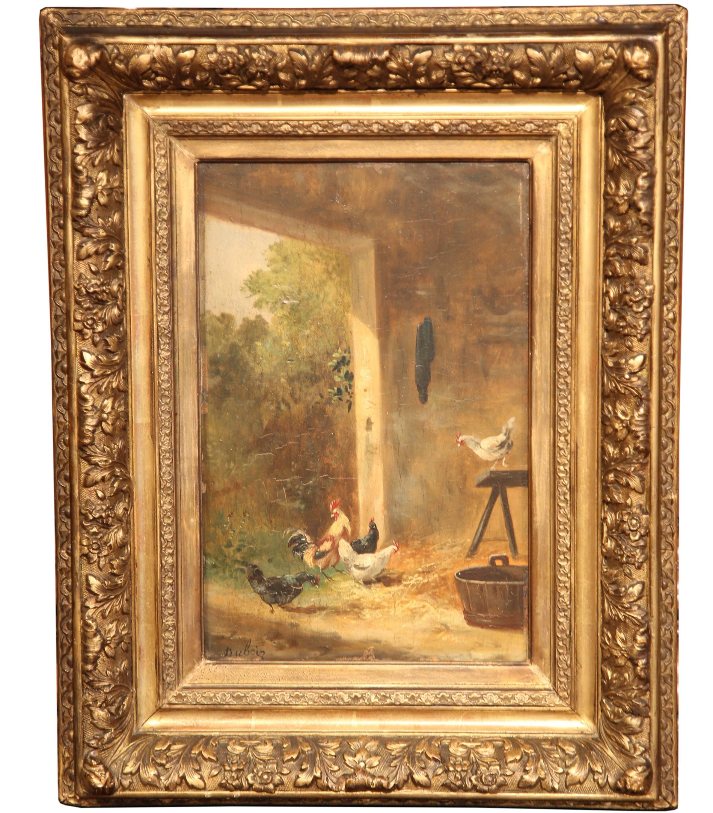 Unknown Animal Painting - 19th Century French Chicken Painting on Board in Gilt Frame Signed Dubois
