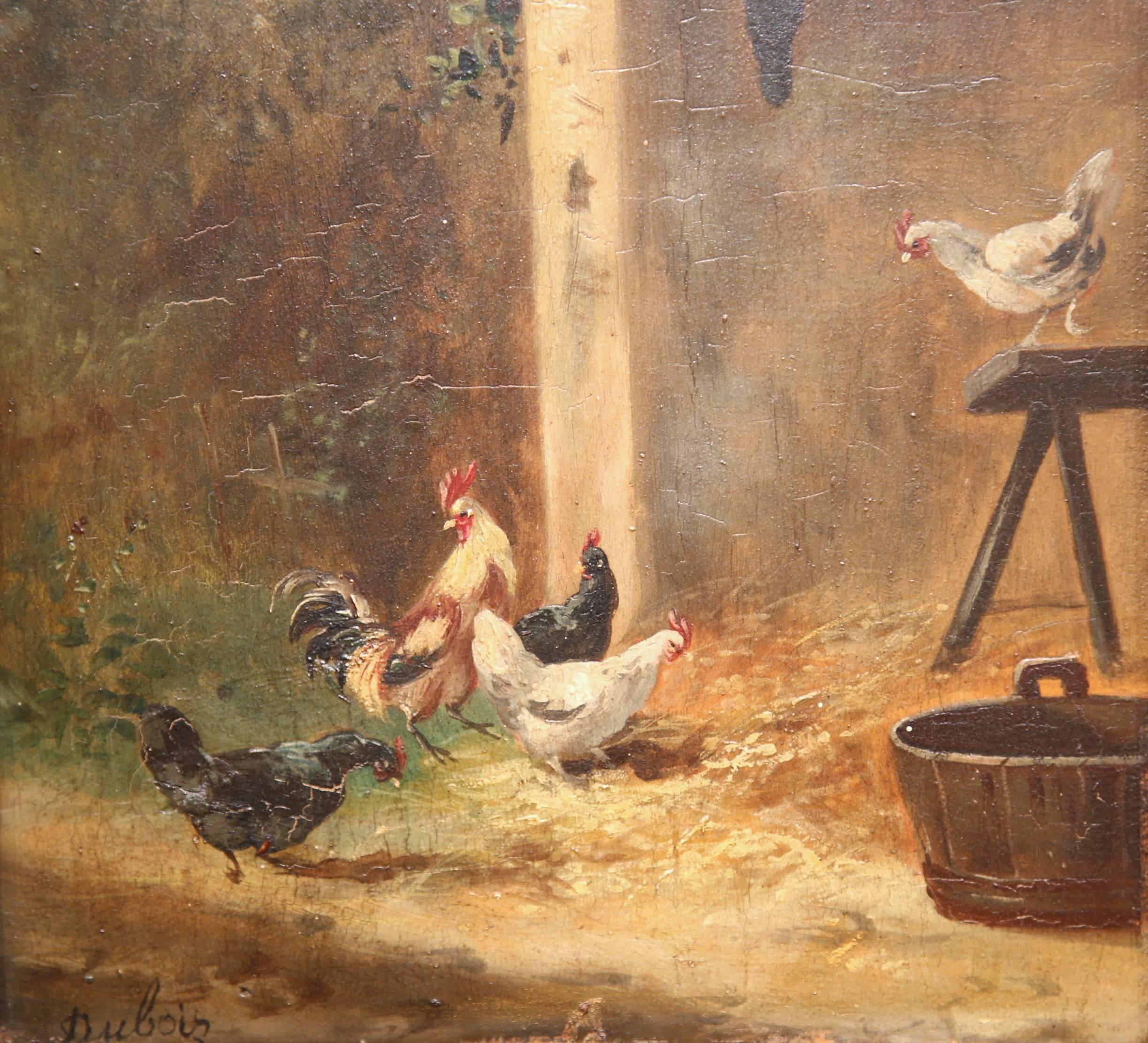 19th Century French Chicken Painting on Board in Gilt Frame Signed Dubois For Sale 1