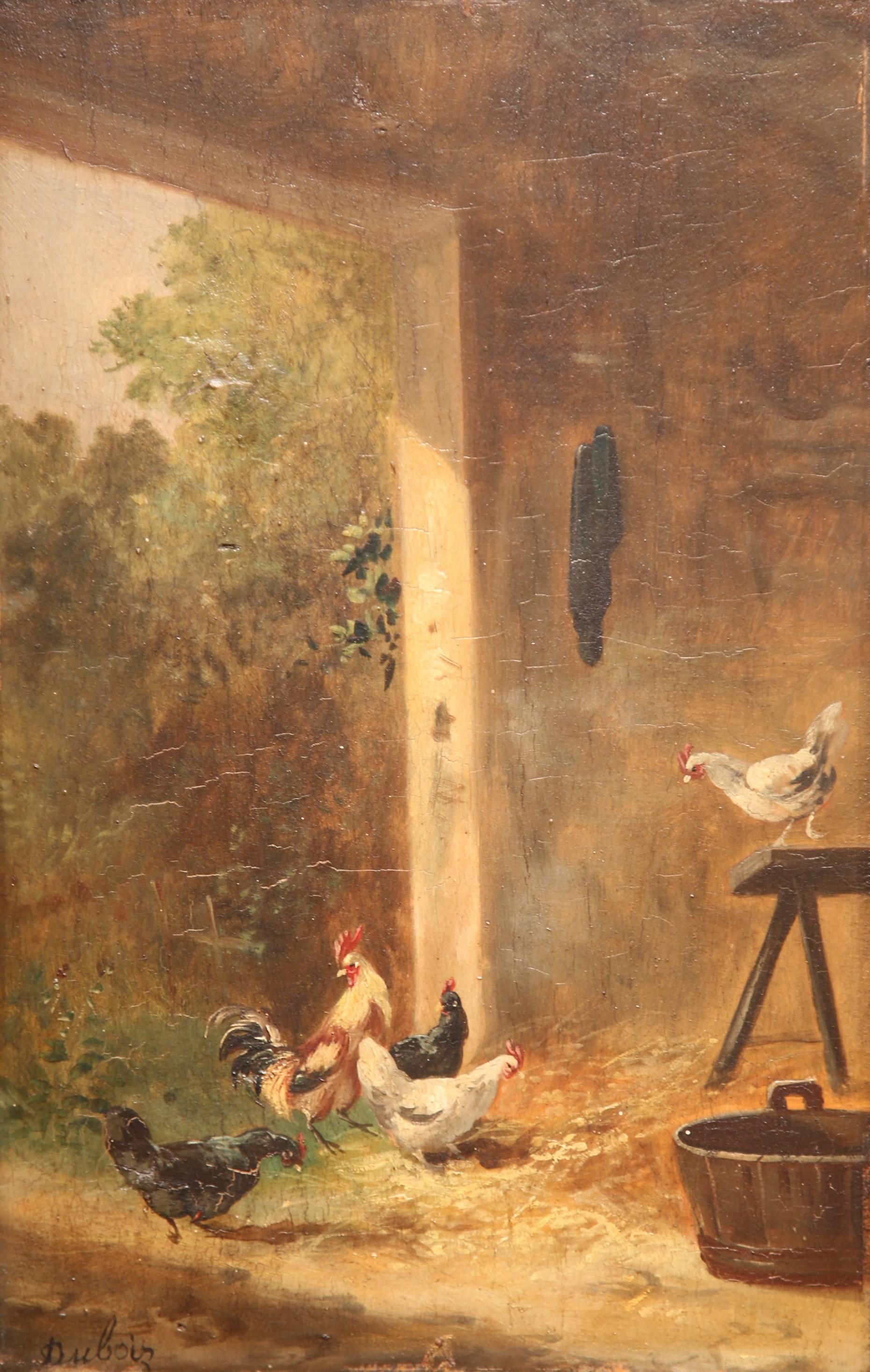 19th Century French Chicken Painting on Board in Gilt Frame Signed Dubois - Brown Animal Painting by Unknown