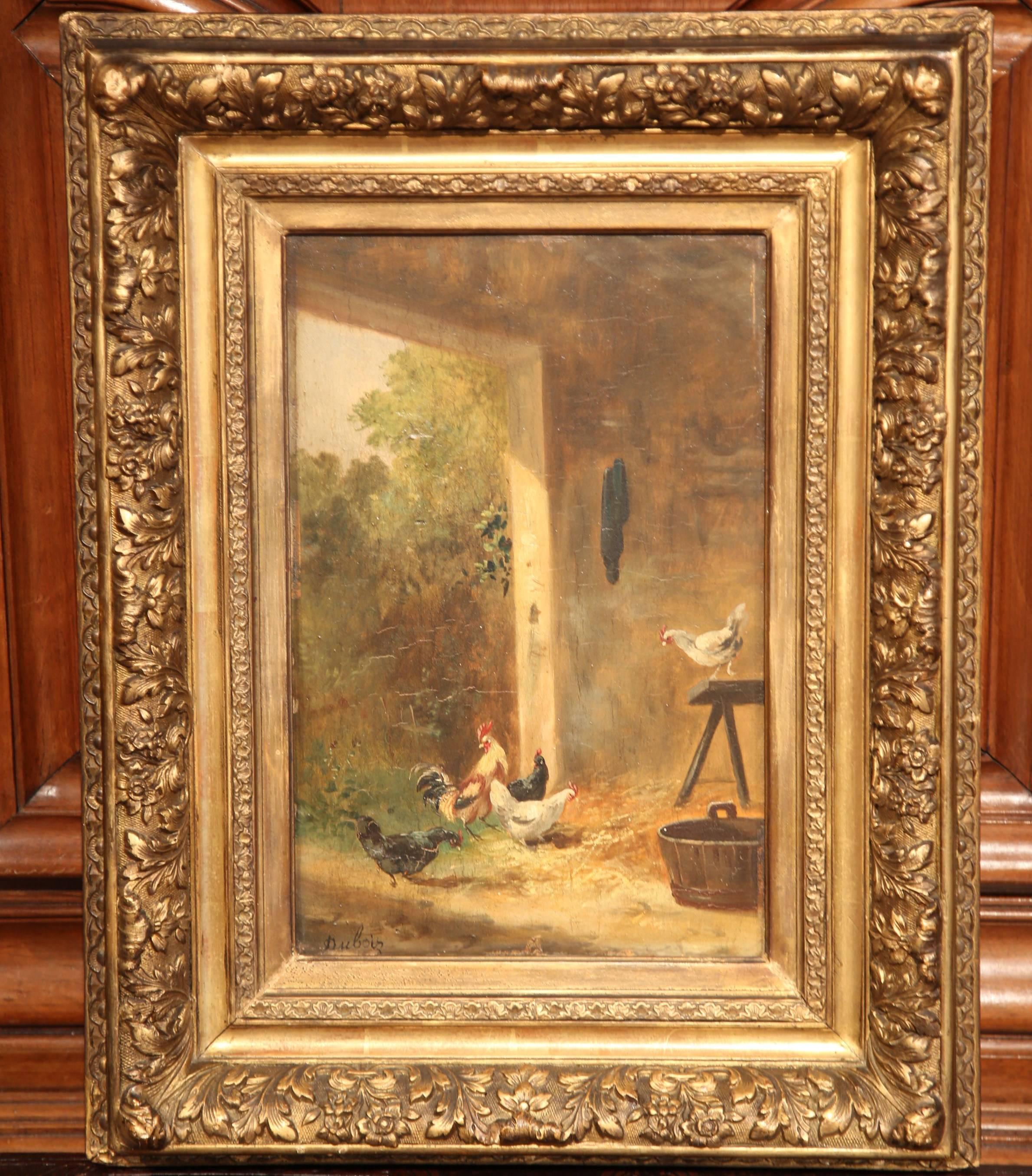 19th Century French Chicken Painting on Board in Gilt Frame Signed Dubois For Sale 2
