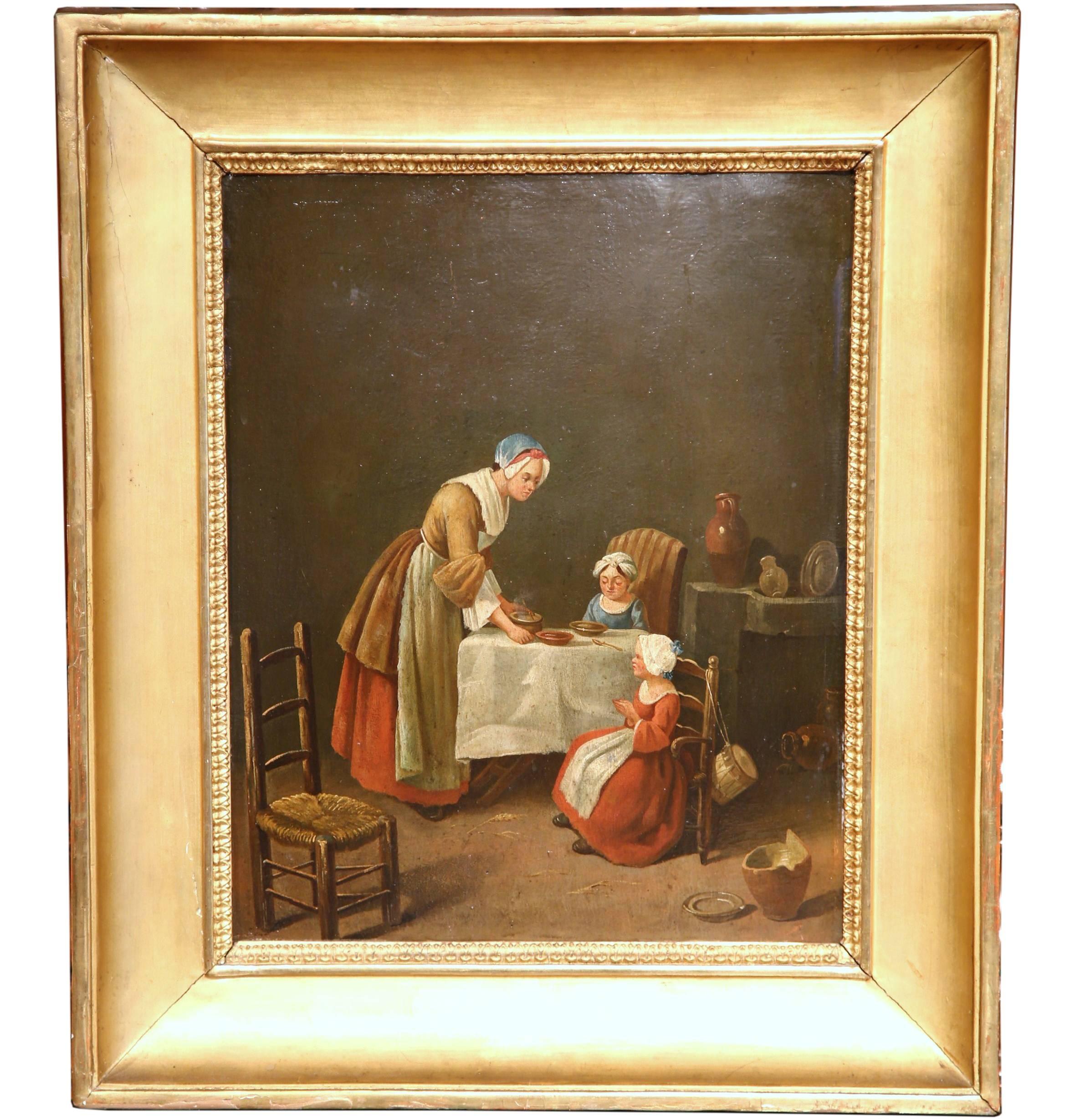 Unknown Interior Painting - 19th Century French Oil Painting on Board "Saying Grace" in Giltwood Frame