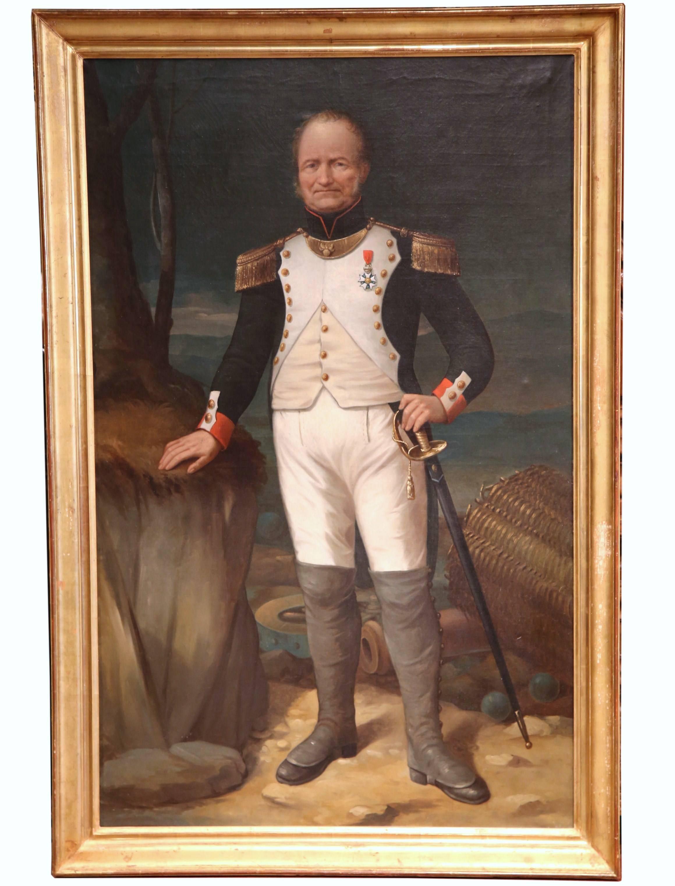 Unknown Portrait Painting - Large Mid 19th Century Oil Painting of a French Officer in Gilt Frame