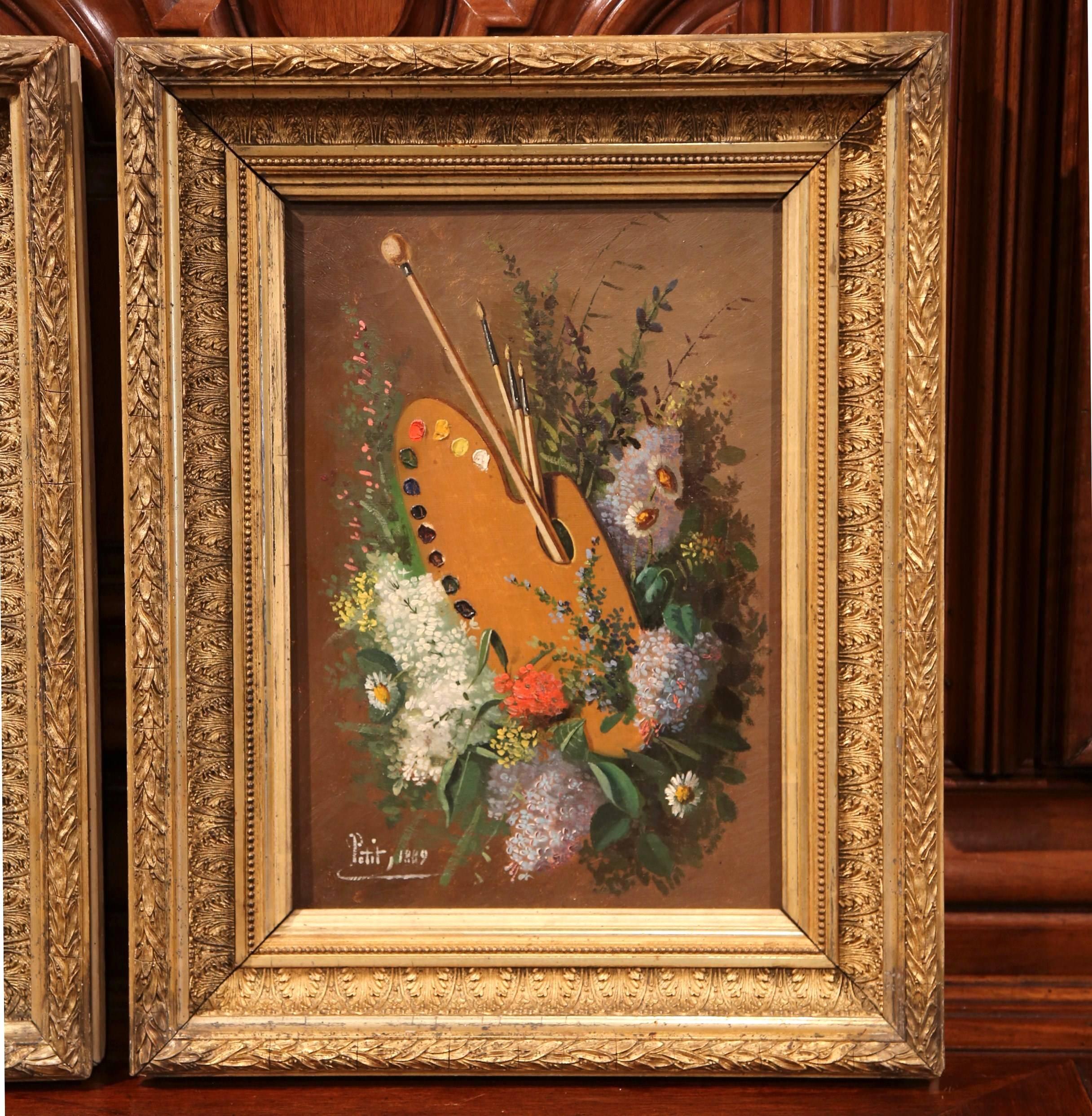 Paire de natures mortes du 19e siècle dans des cadres en bois doré signés Petit 1889 - Marron Still-Life Painting par Eugene Petit