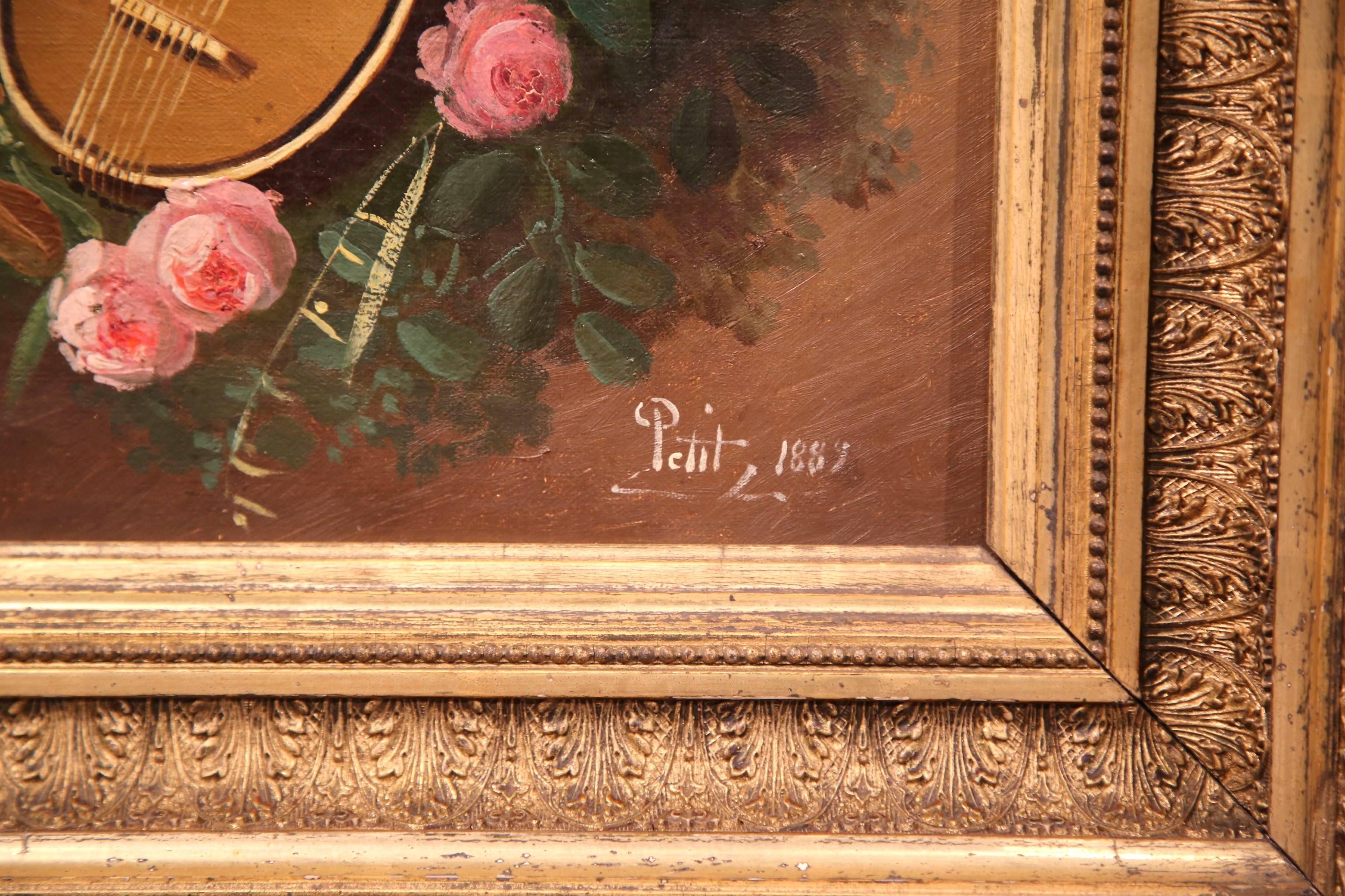 Paire de natures mortes du 19e siècle dans des cadres en bois doré signés Petit 1889 en vente 2