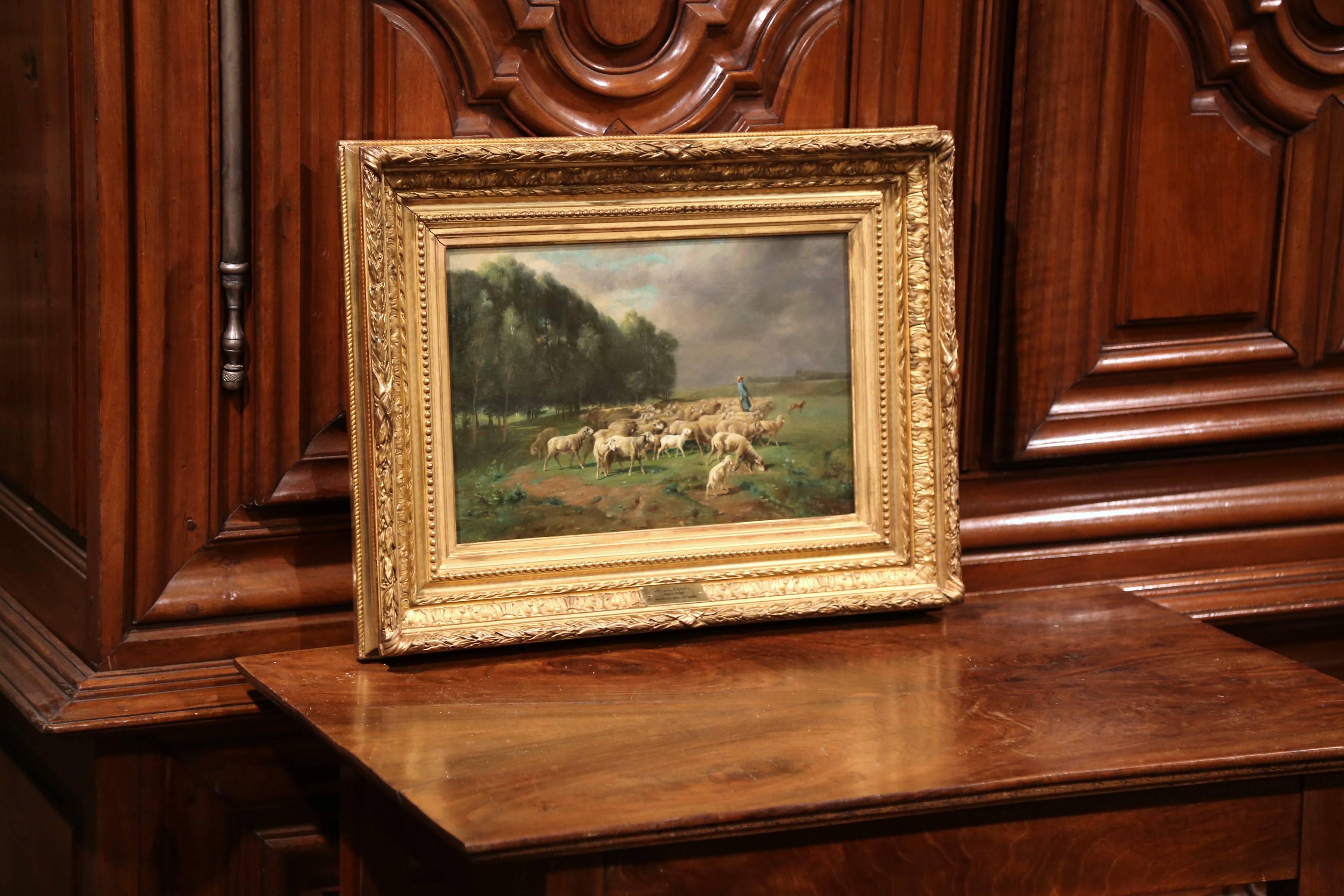 19th Century French Sheep Painting in Gilt Frame Signed Charles Clair 1