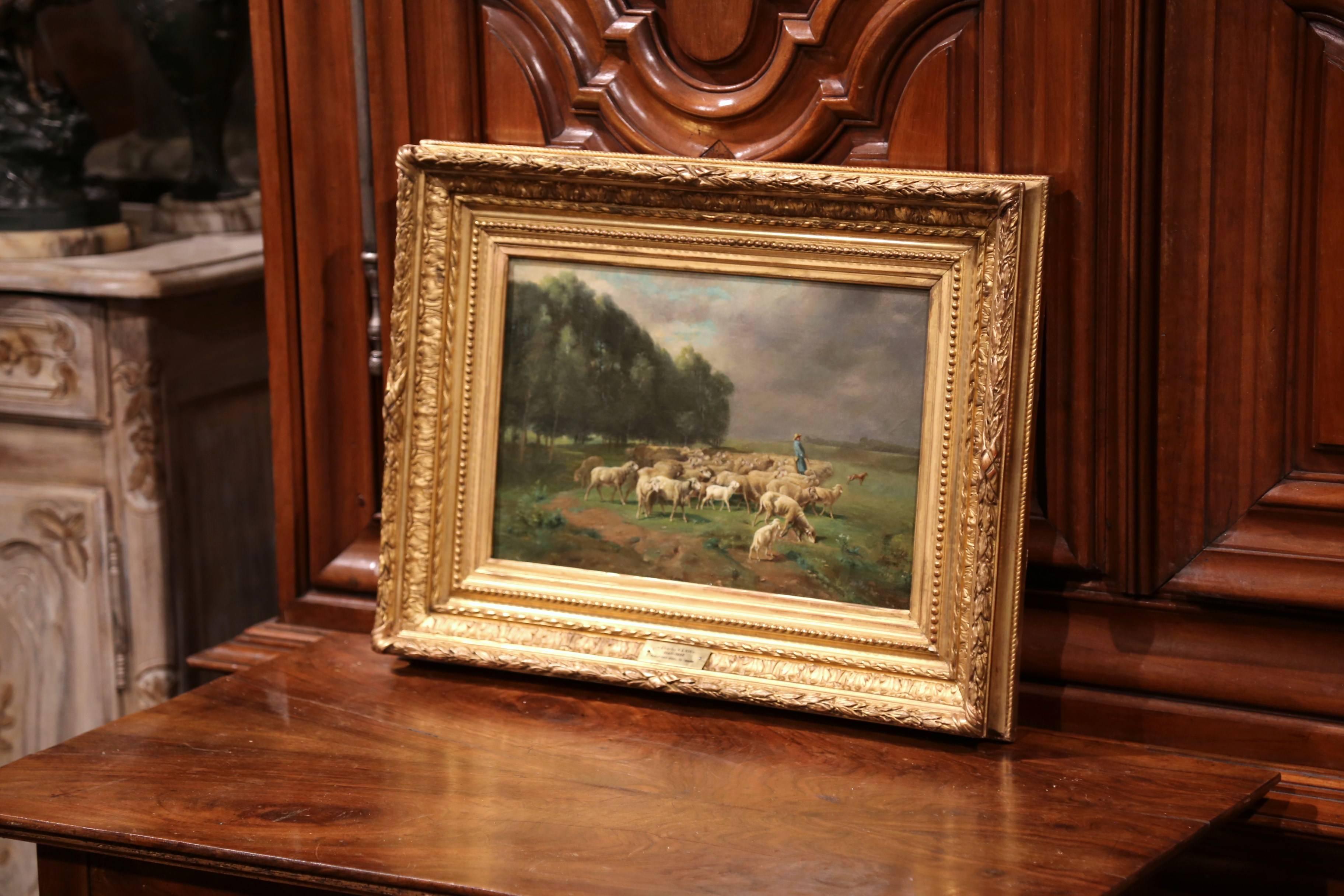 19th Century French Sheep Painting in Gilt Frame Signed Charles Clair 5
