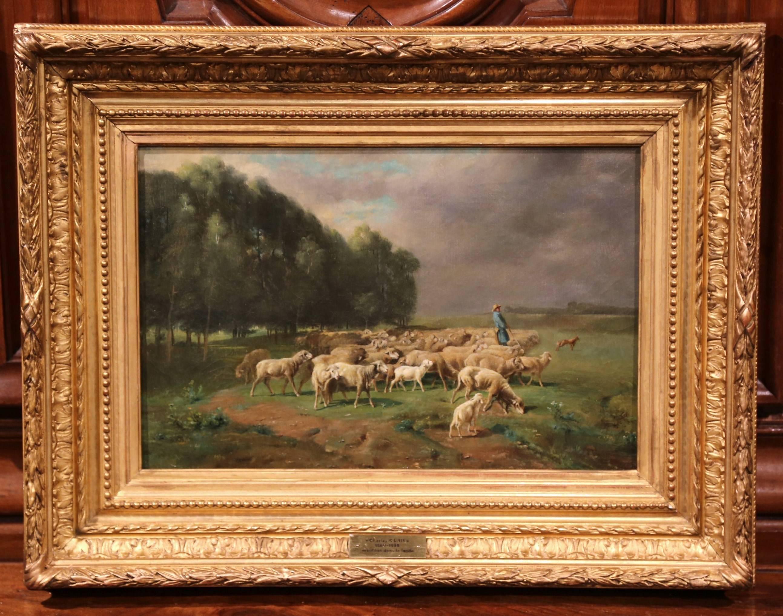 19th Century French Sheep Painting in Gilt Frame Signed Charles Clair 3