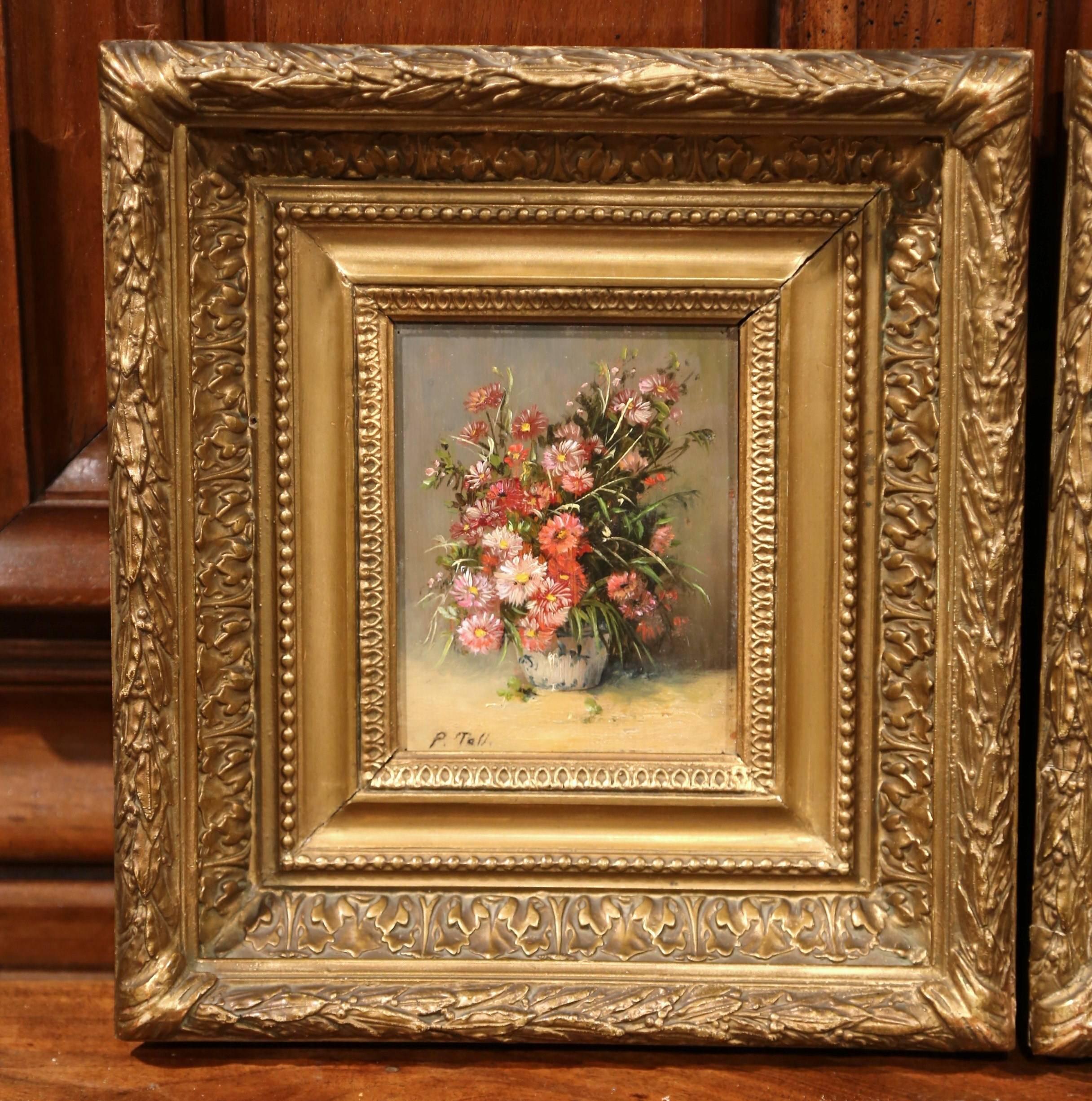 Pair of 19th Century Framed Still Life Flowers Paintings Signed P. Tall - Brown Still-Life Painting by Unknown