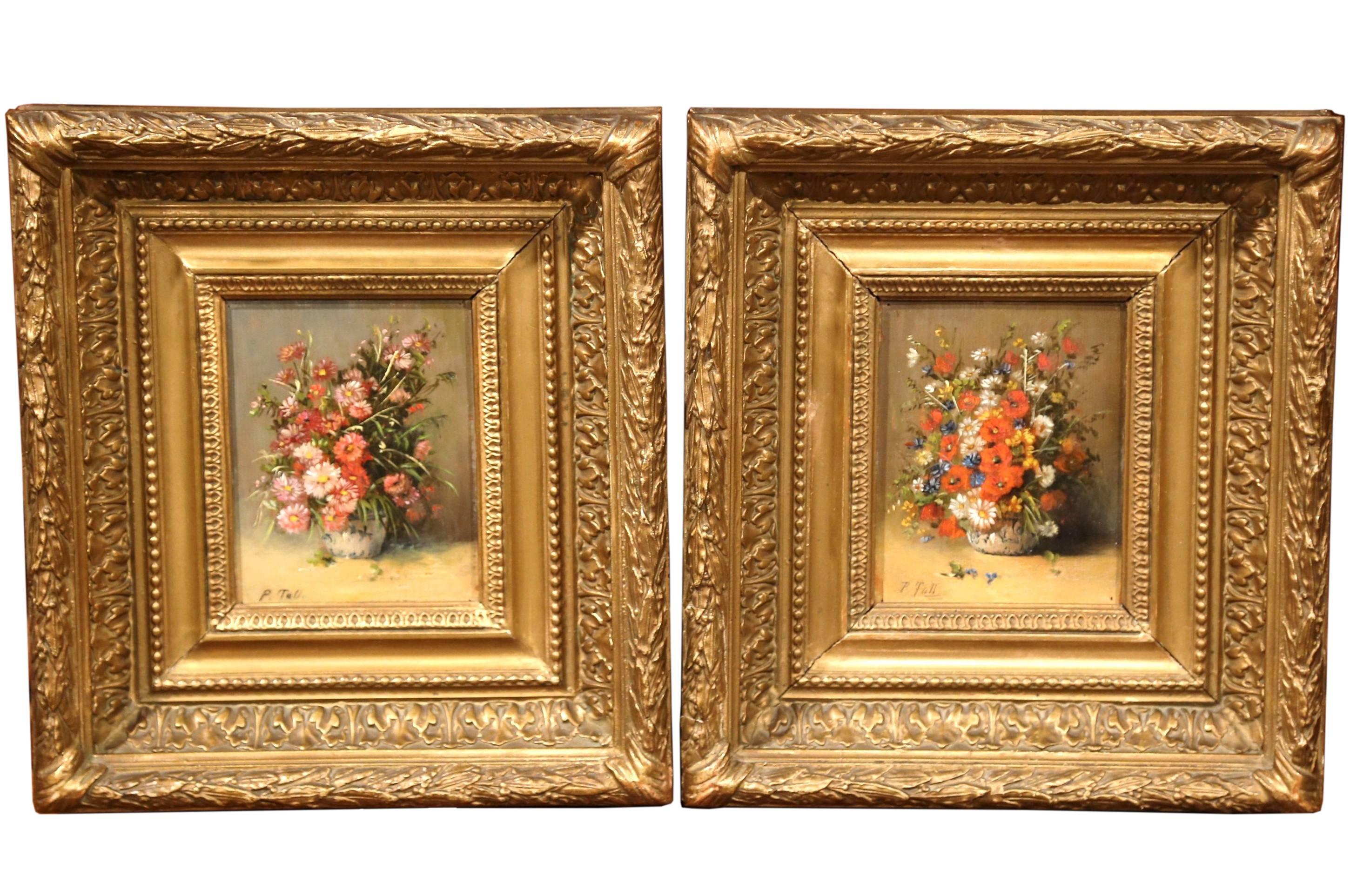 Unknown Still-Life Painting - Pair of 19th Century Framed Still Life Flowers Paintings Signed P. Tall