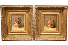 Pair of 19th Century Framed Still Life Flowers Paintings Signed P. Tall