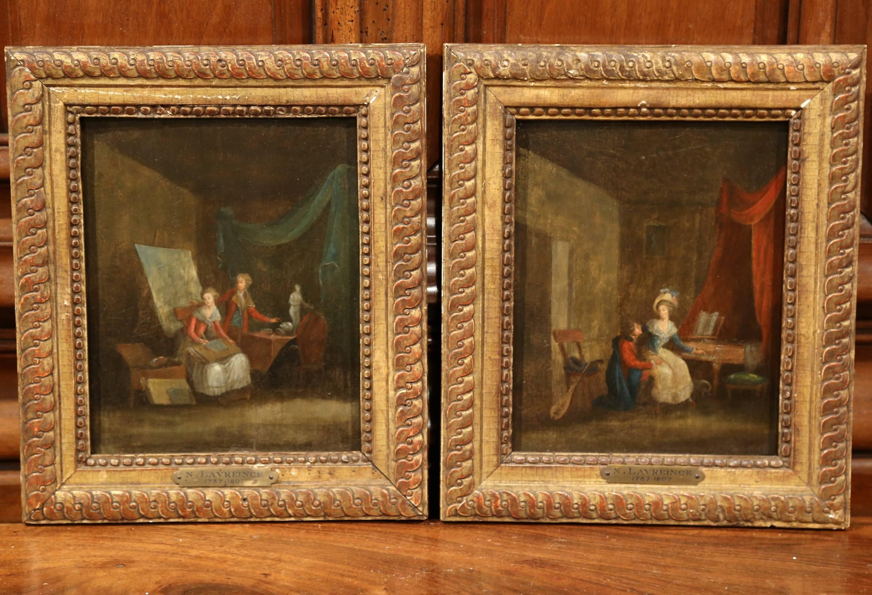 Pair of 18th Century Paintings on Board in Gilt Frames Signed N. Lavreince For Sale 1