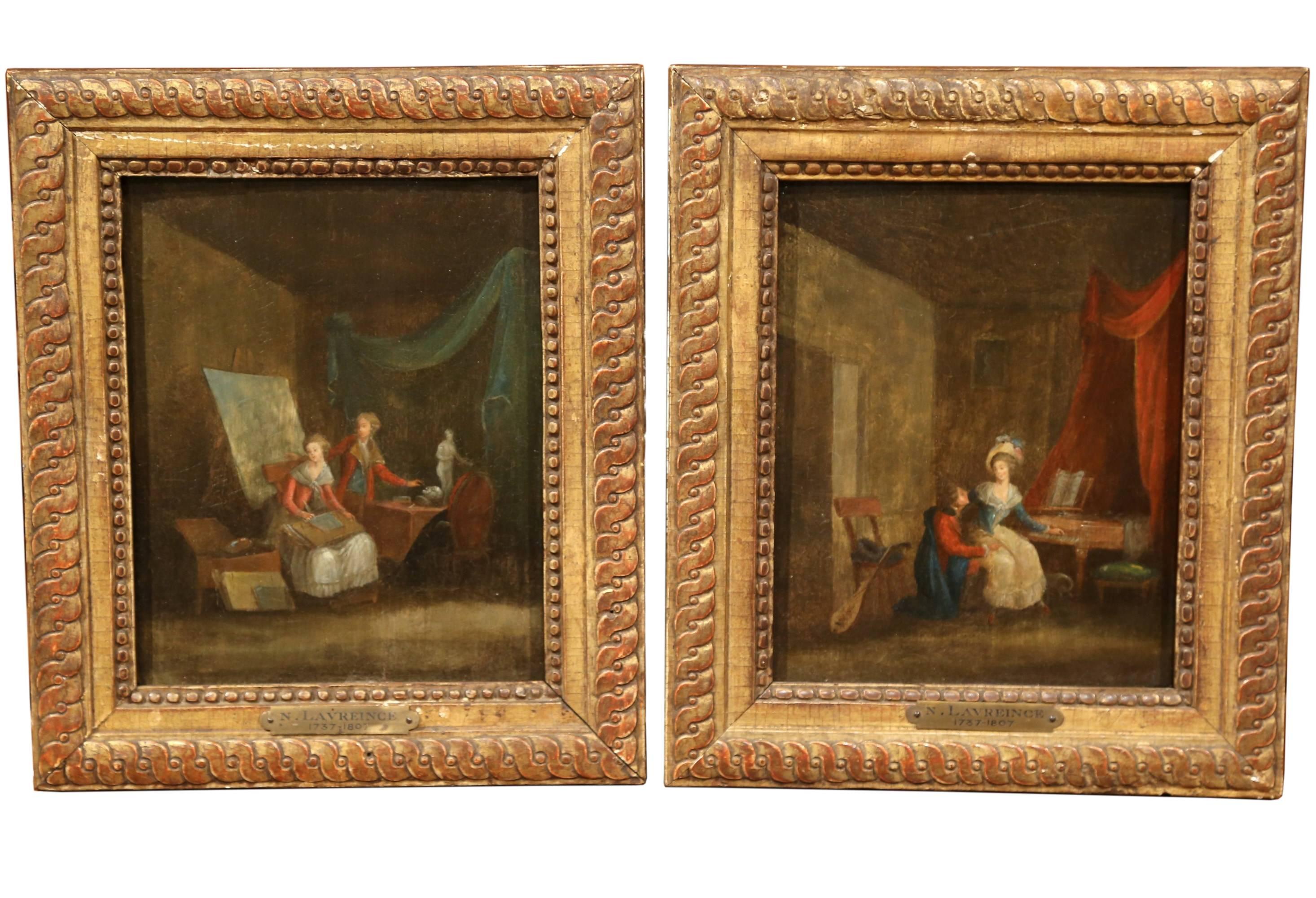Niklas Lavreince Interior Painting - Pair of 18th Century Paintings on Board in Gilt Frames Signed N. Lavreince
