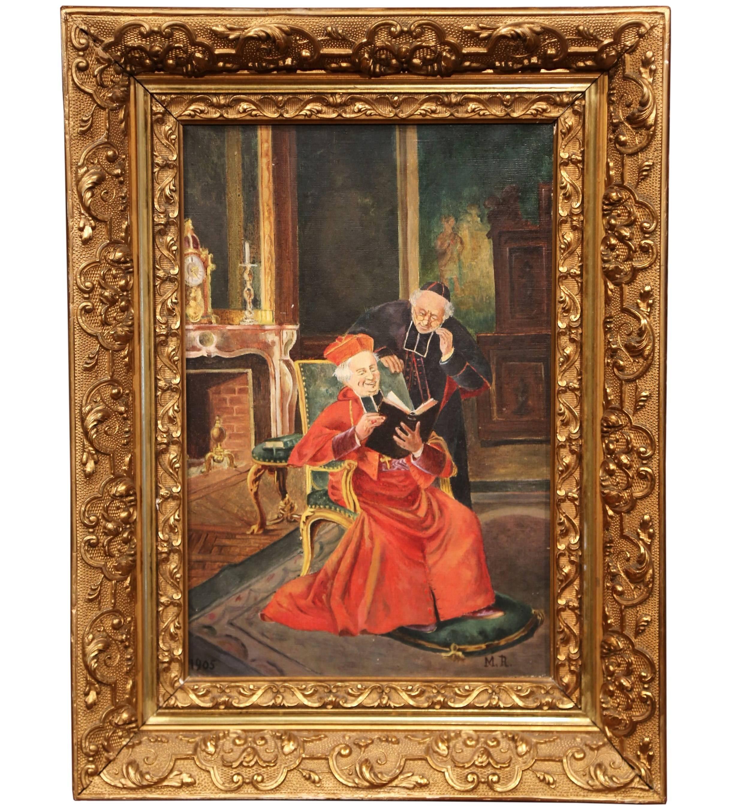 Unknown Figurative Painting - Early 20th Century French Painting with Priest and Cardinal Signed M. R. 1905