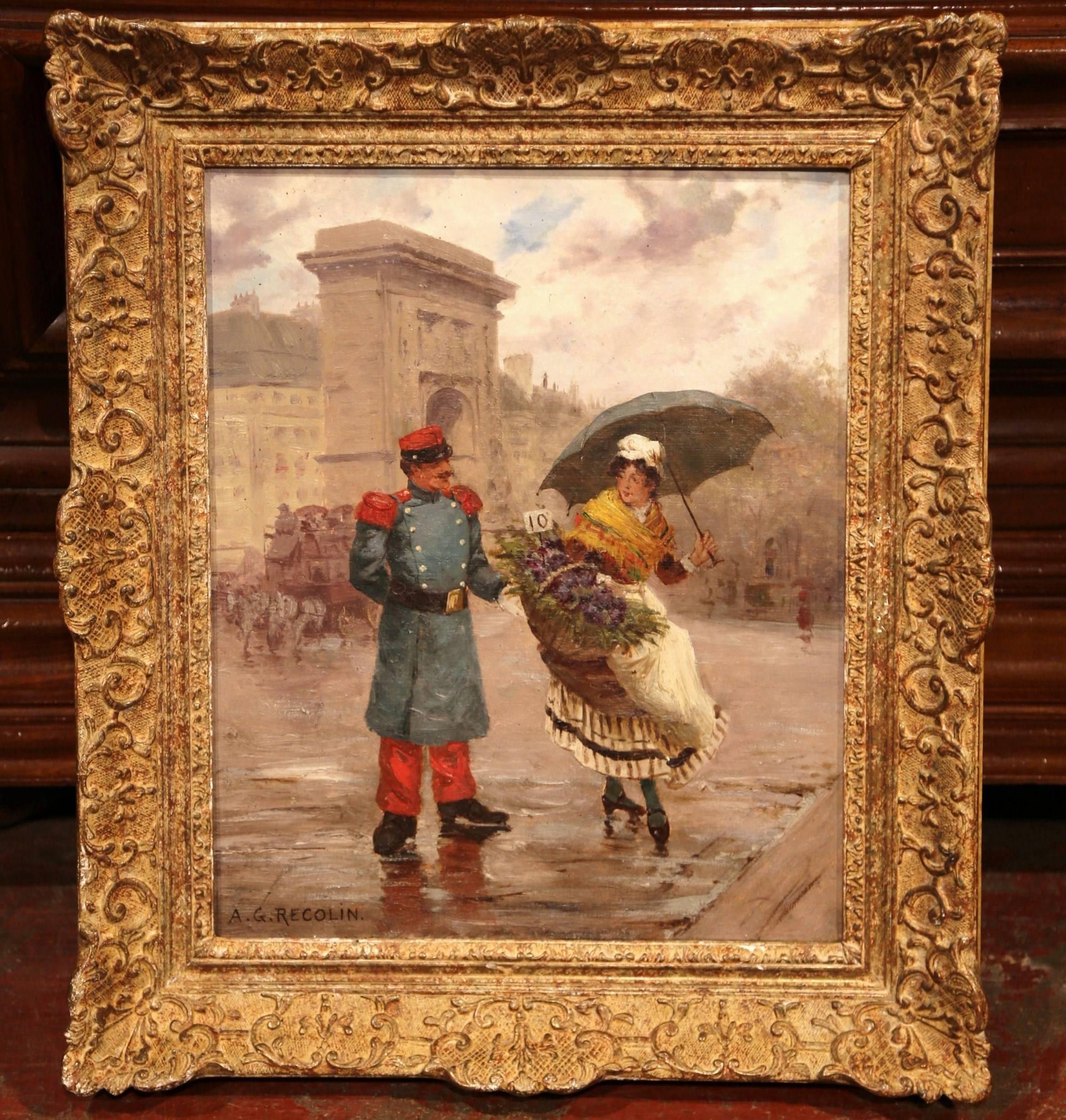 19th Century French Oil on Canvas Painting in Gilt Wood Frame Signed Recolin 1