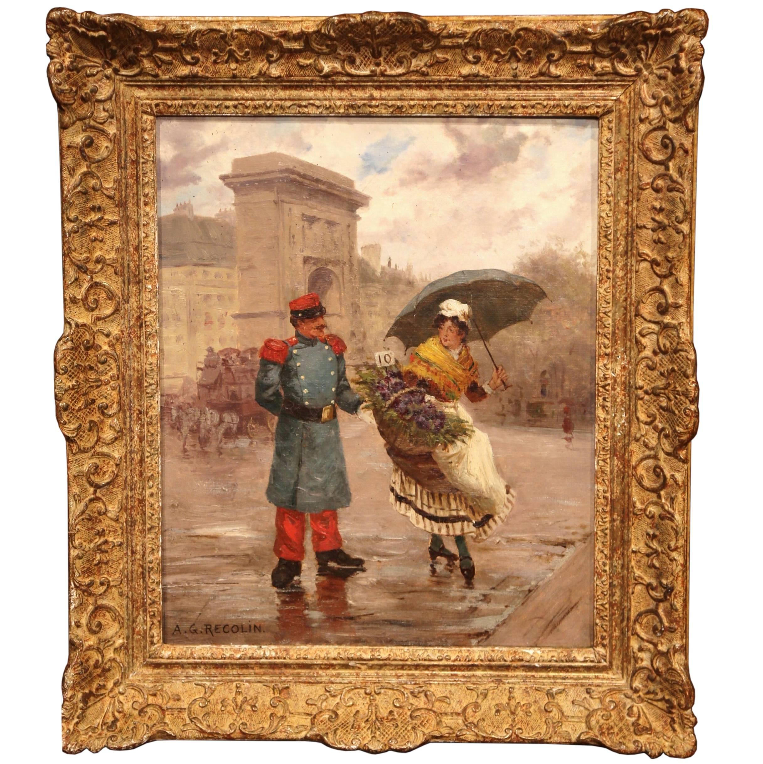 Unknown Figurative Painting - 19th Century French Oil on Canvas Painting in Gilt Wood Frame Signed Recolin