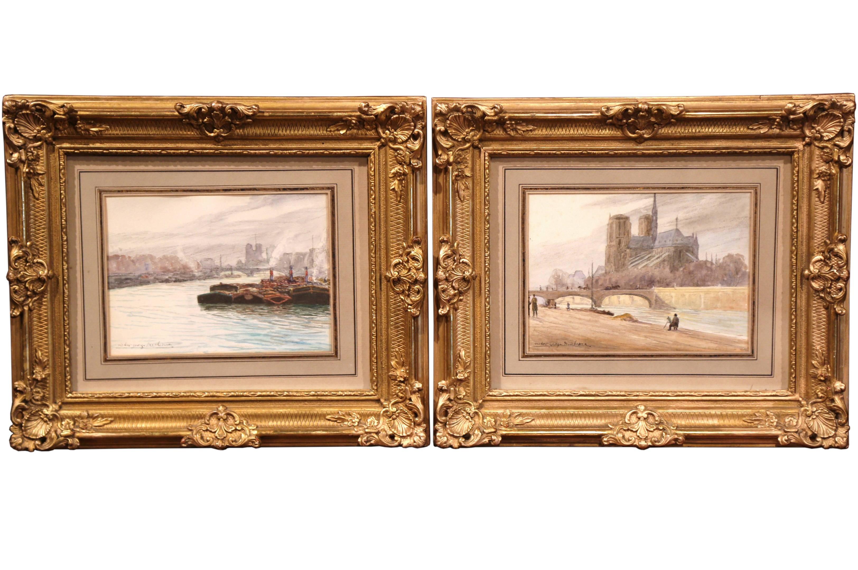 Victor George Duchesne Landscape Art - Pair of 19th Century French Parisian Scenes Watercolors Signed Duchesne
