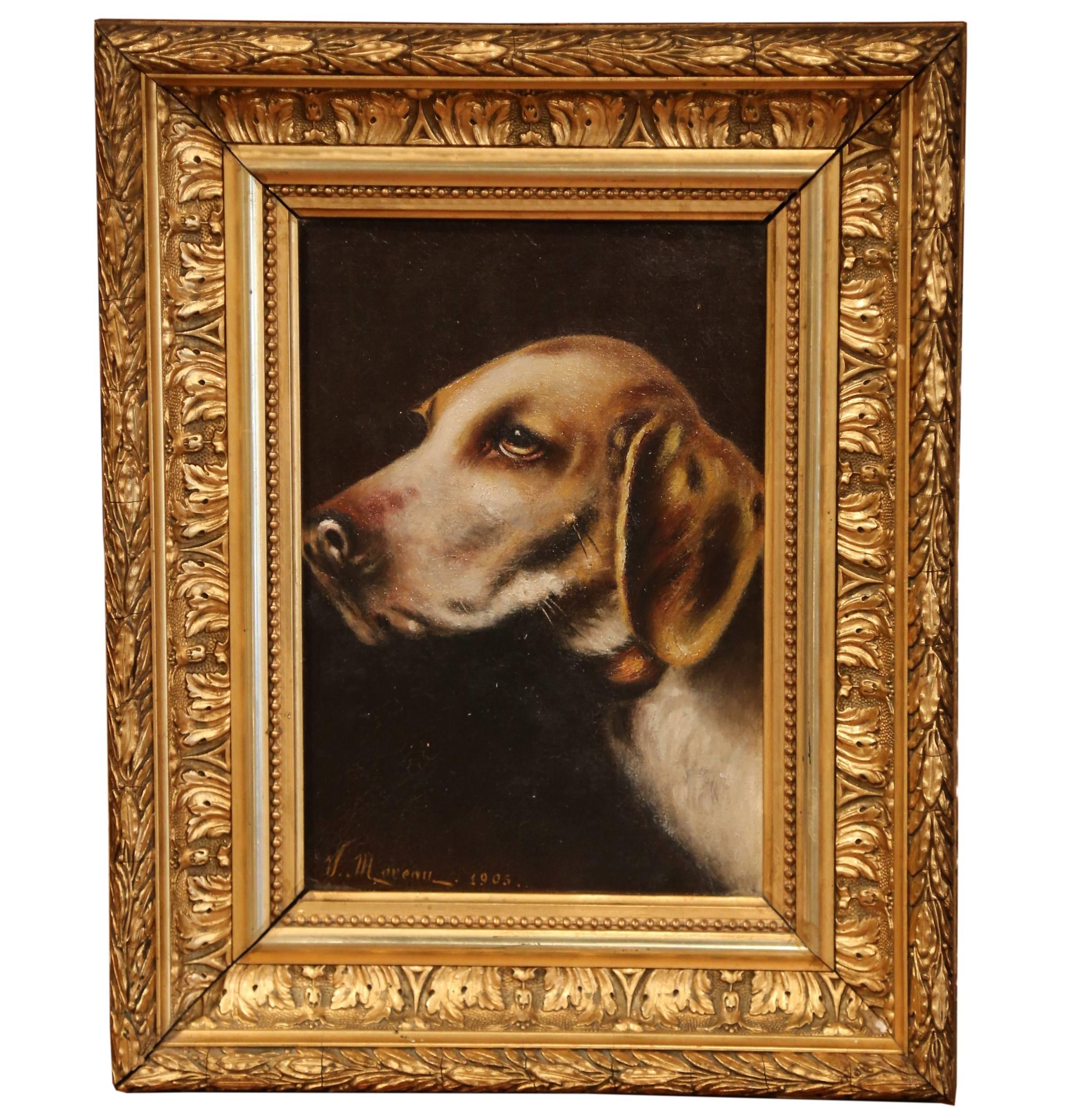 Unknown Animal Painting - Early 20th Century Framed Dog Painting in Gilt Frame Signed V. Moreau Dated 1905