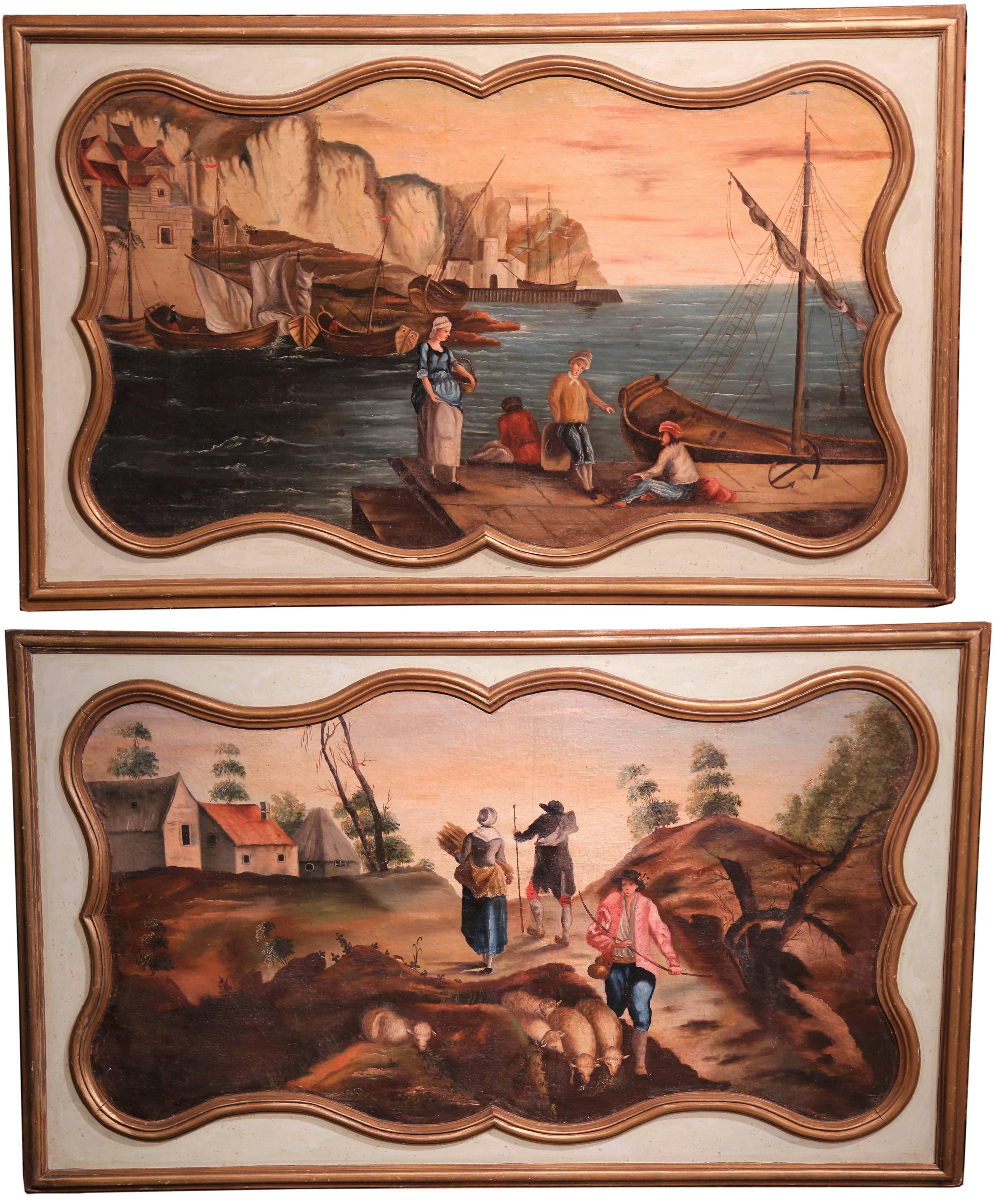 Unknown Landscape Painting - Large Pair of 19th Century French Hand Painted Wall Panels with Gilt Accents