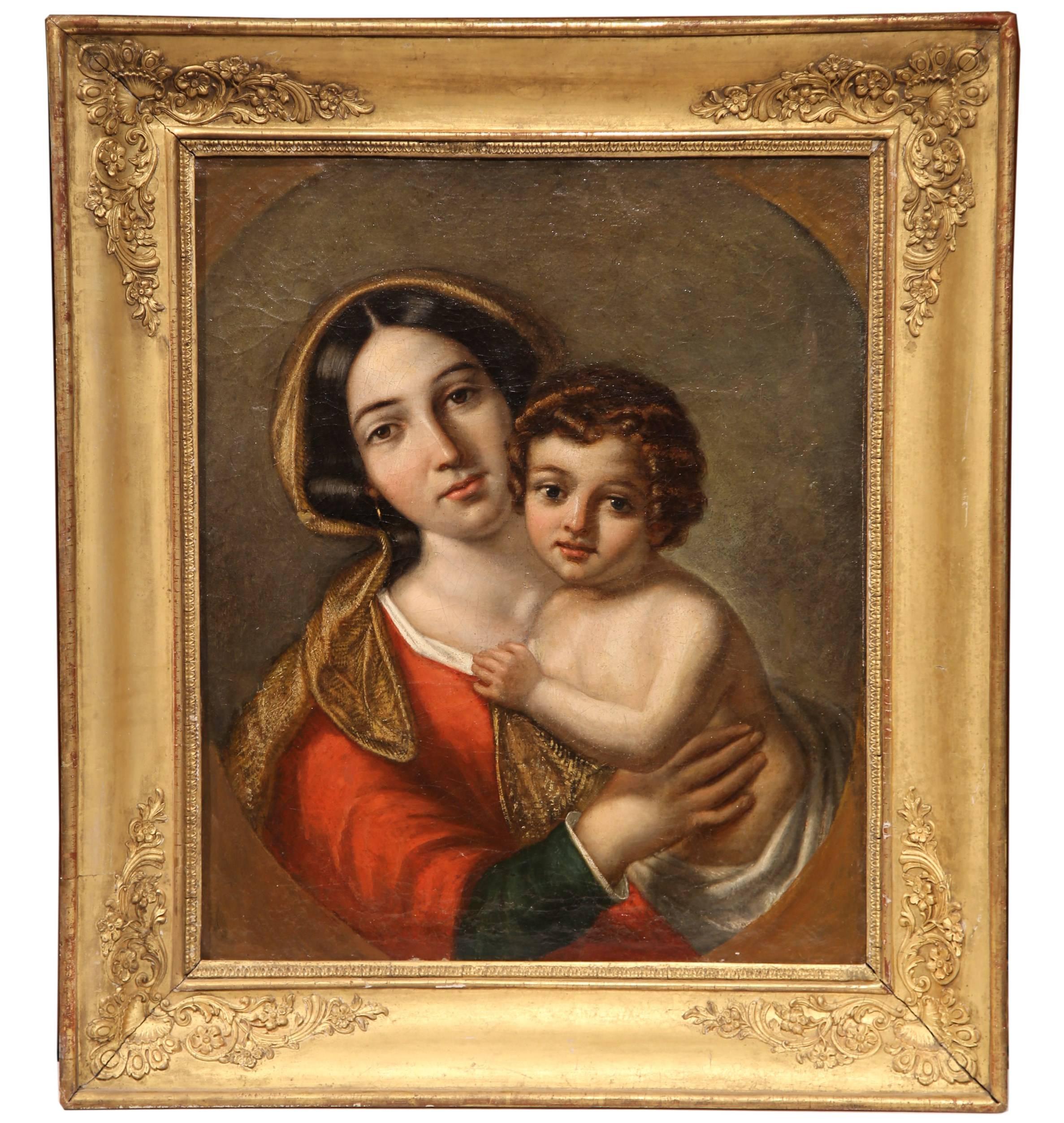 Unknown Figurative Painting - Mid-18th Century French Framed Oil on Canvas "Vierge a l'Enfant" Painting