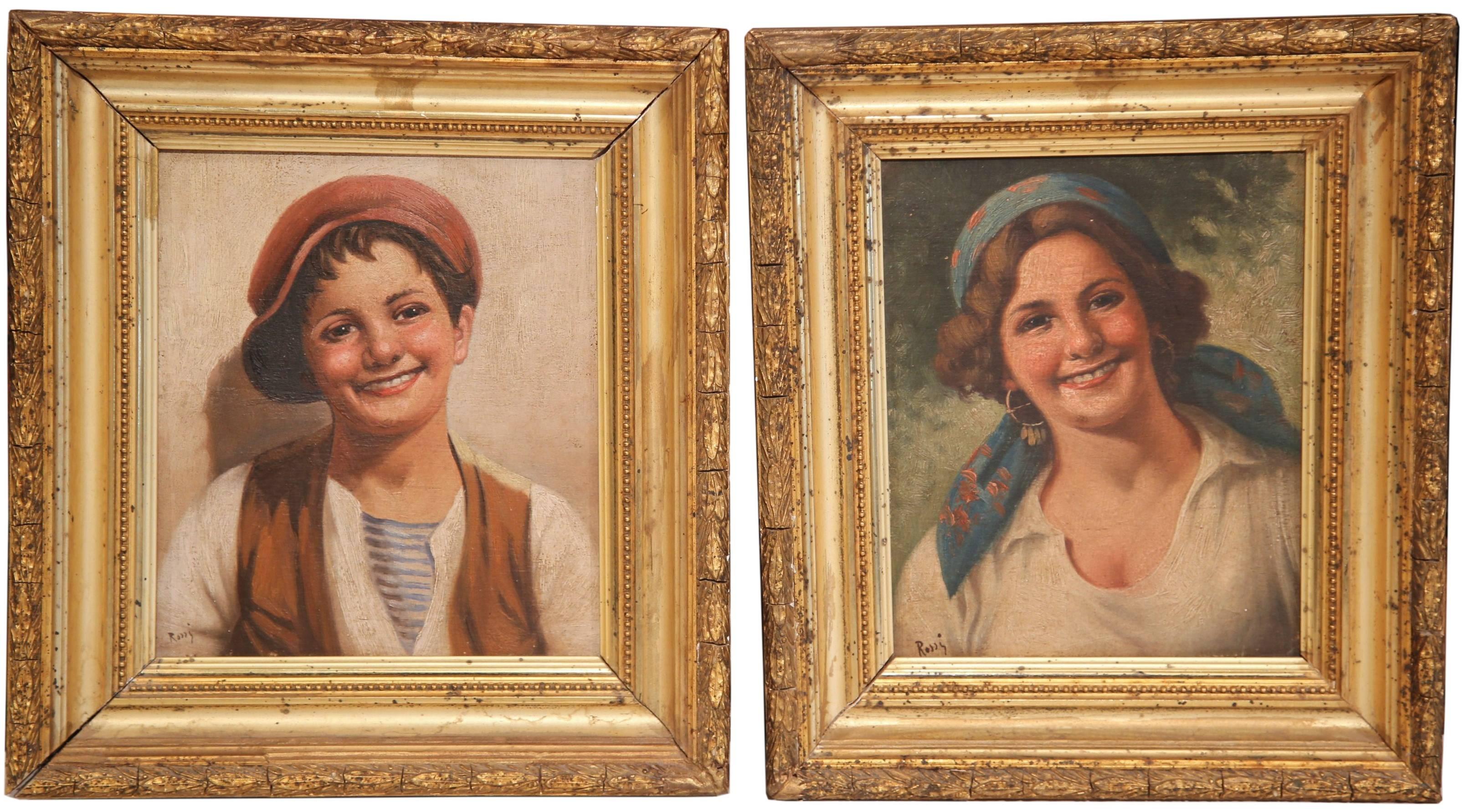 Unknown Portrait Painting - Pair of 19th Century Italian Portraits Paintings in Gilt Frames Signed Rossi