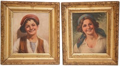 Pair of 19th Century Italian Portraits Paintings in Gilt Frames Signed Rossi