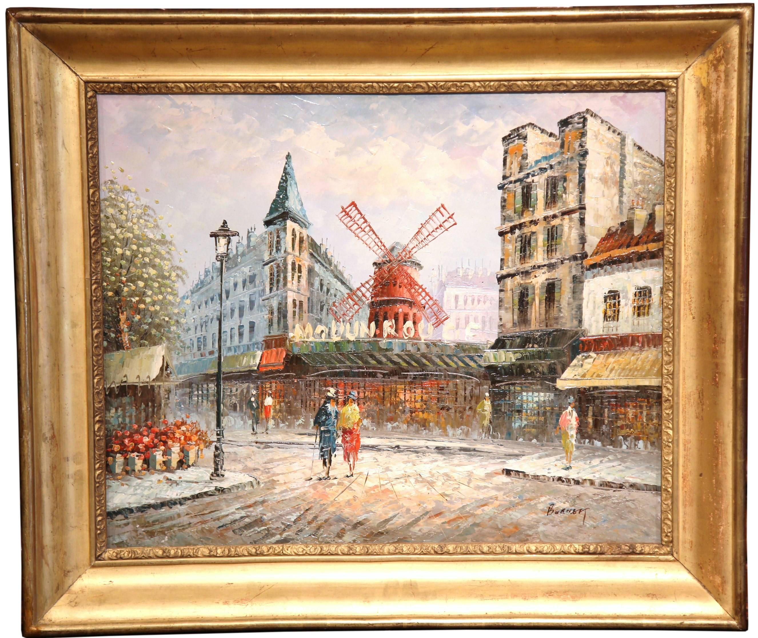 This beautiful oil on canvas painting depicts the iconic Moulin Rouge building in Paris. The classic cityscape composition, signed on the bottom right Burnau, is set in an 19th century gold leaf frame. The painting shows two figures, but is focused