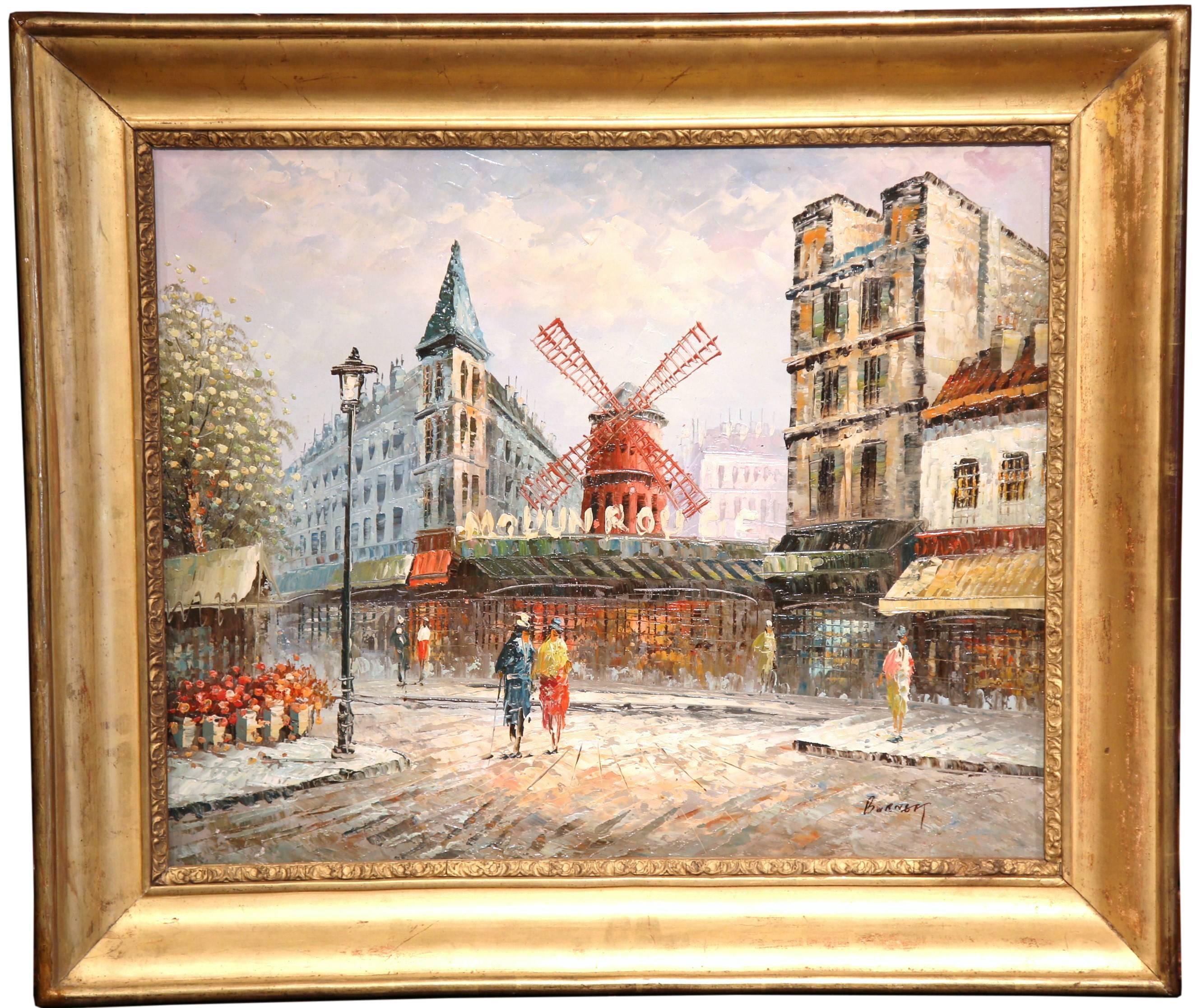 Cette magnifique peinture à l'huile sur toile représente le bâtiment emblématique du Moulin Rouge à Paris. La composition classique d'un paysage urbain, signée en bas à droite par Burnau, est présentée dans un cadre à feuilles d'or du XIXe siècle.