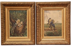 Pair of 19th Century French Birds Oil Paintings in Gilt Frames Signed Delor