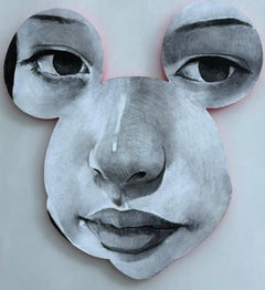 Fantasía, sculpture murale contemporaine représentant un visage, fusain et acrylique sur panneau, 2013