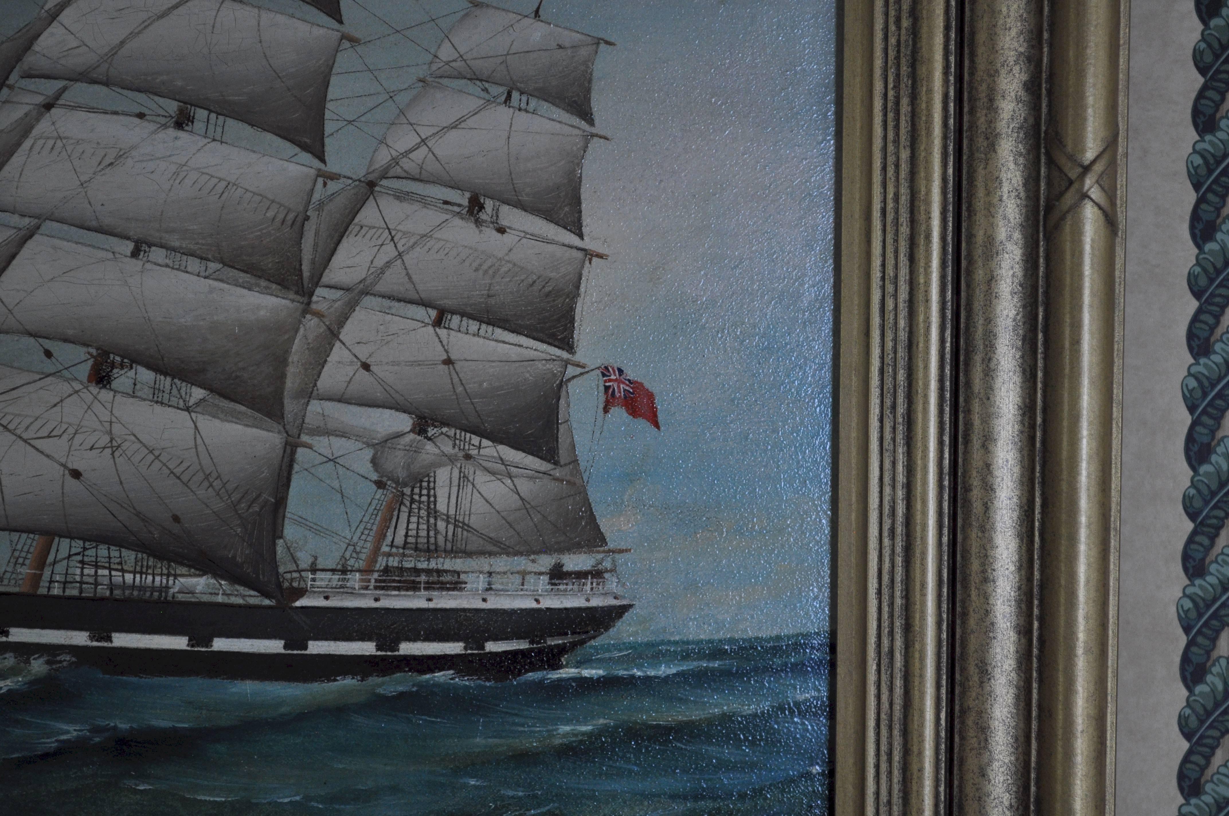 Attributed to Lai Fong of Calcutta; oil on canvas “Romsdal” a four masted barque, unsigned. 19″ x 26″. This oil on canvas has undergone a light clean, strip lining, tensioning and varnish. It is displayed in a new Frinton frame, ready to hang.  Free