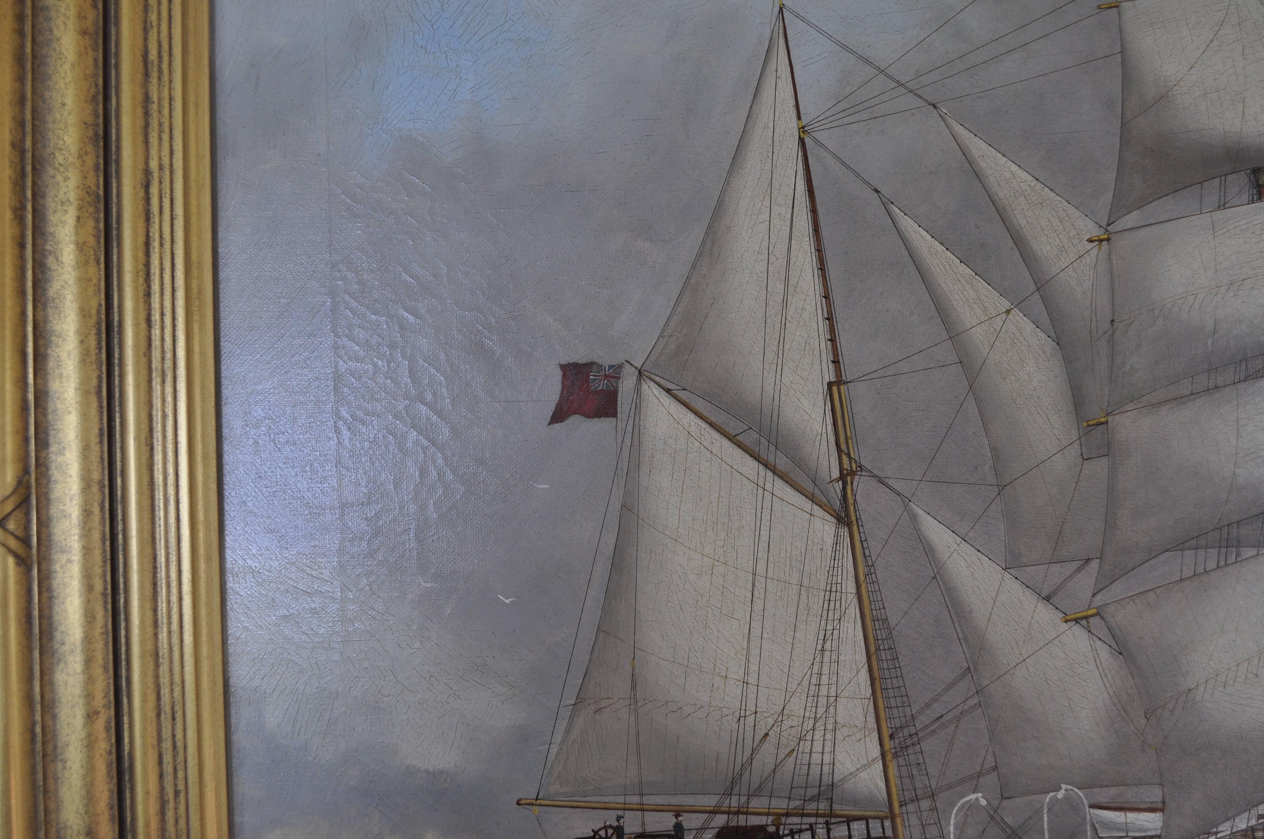 Stunning oil on canvas of the clipper ‘St Mary’s Bay’ in full sail. ‘St Mary’s Bay’ was an 1114 ton barque rigged iron vessel, built in the port of Glasgow in 1886. Her official number was 93294. She was lost in 1908 off Taltal, Chile having sailed