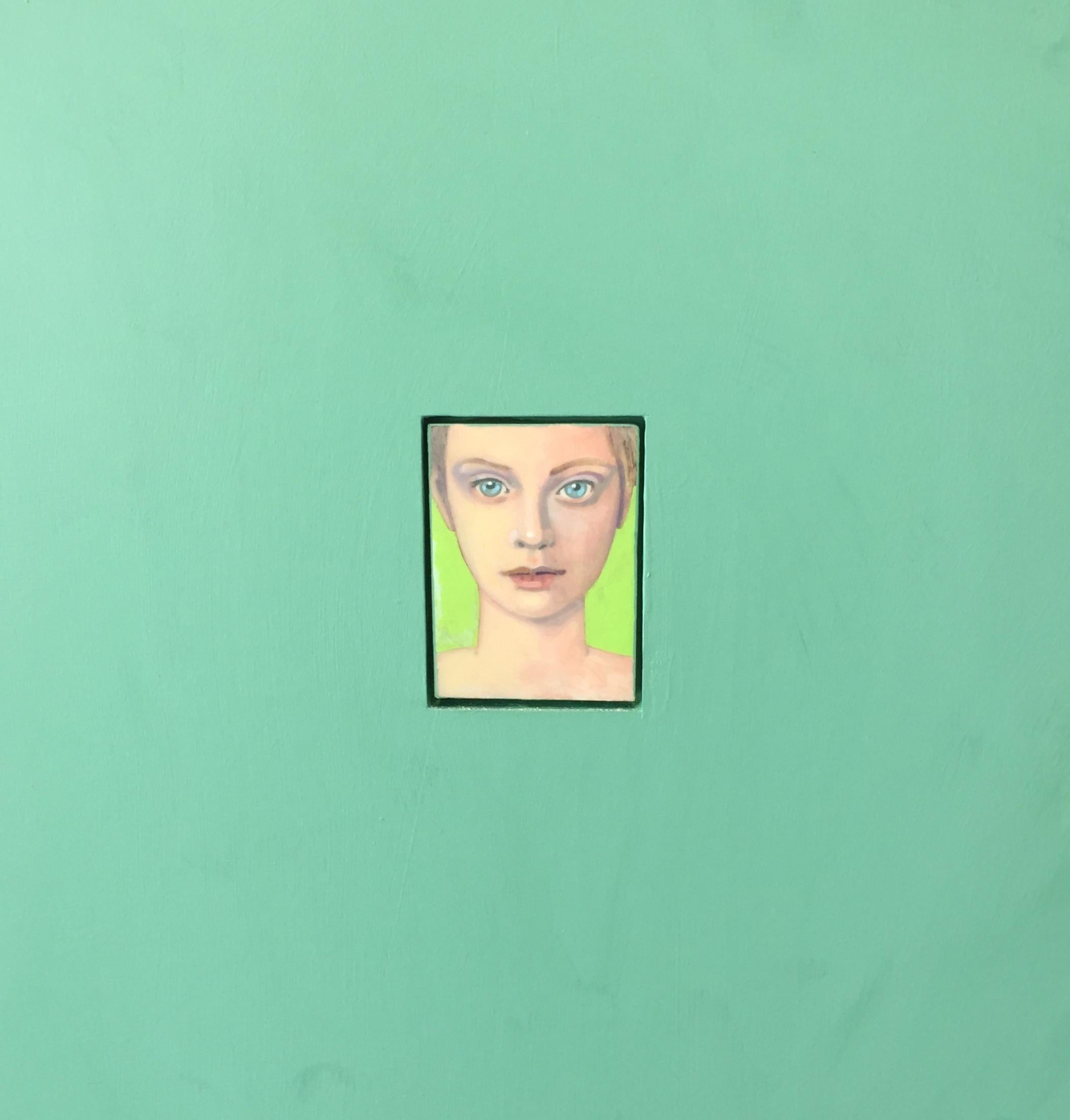 The model (PORTRAIT OF A YOUNG BLUE-EYED WOMAN, VIBRANT SEA GREEN BACKGROUND) - Painting by John MacWhinnie