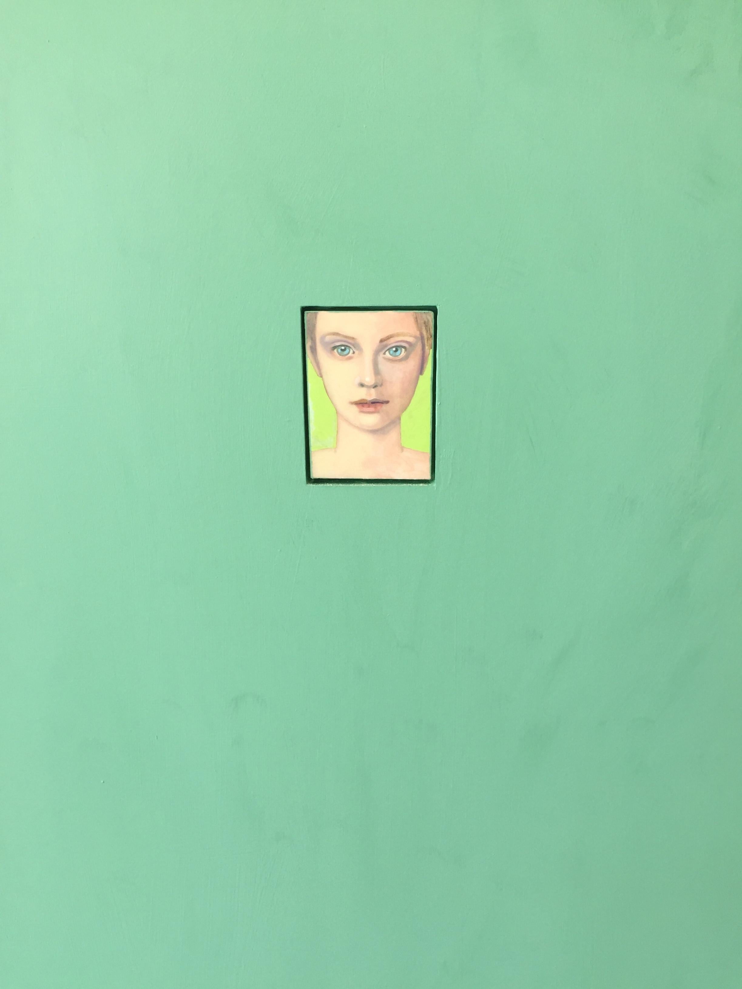 The model (PORTRAIT OF A YOUNG BLUE-EYED WOMAN, VIBRANT SEA GREEN BACKGROUND) - Contemporary Painting by John MacWhinnie