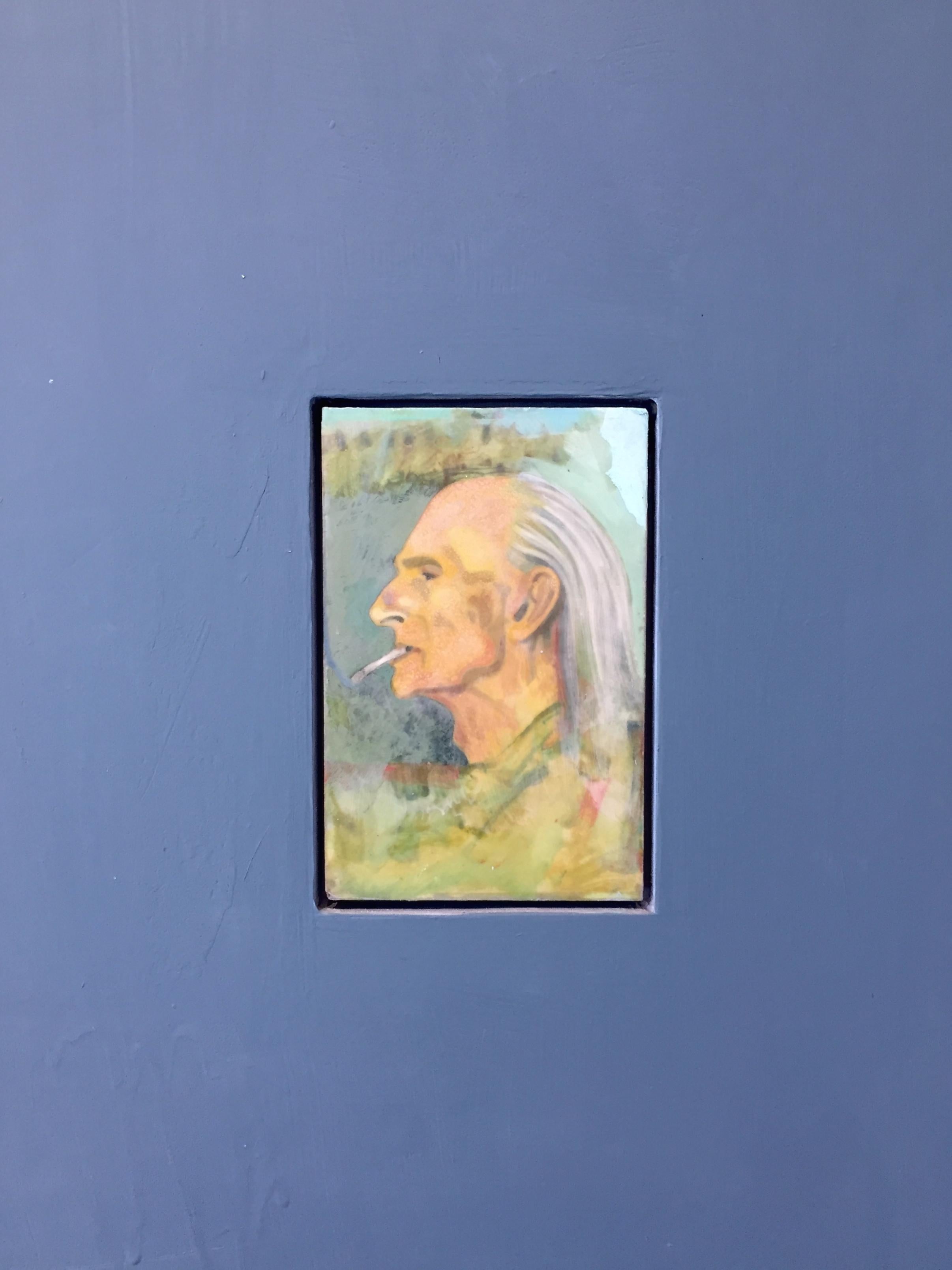 Balthus (PORTRAIT OF BALTHUS, GREY BLUE BACKGROUND) - Painting by John MacWhinnie