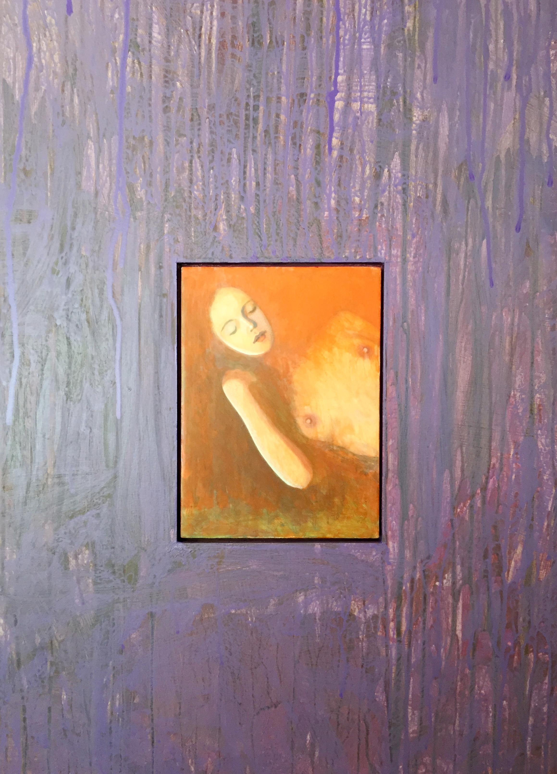 The dream (PORTRAIT OF SLEEPING WOMAN, PURPLE BACKGROUND) - Painting by John MacWhinnie