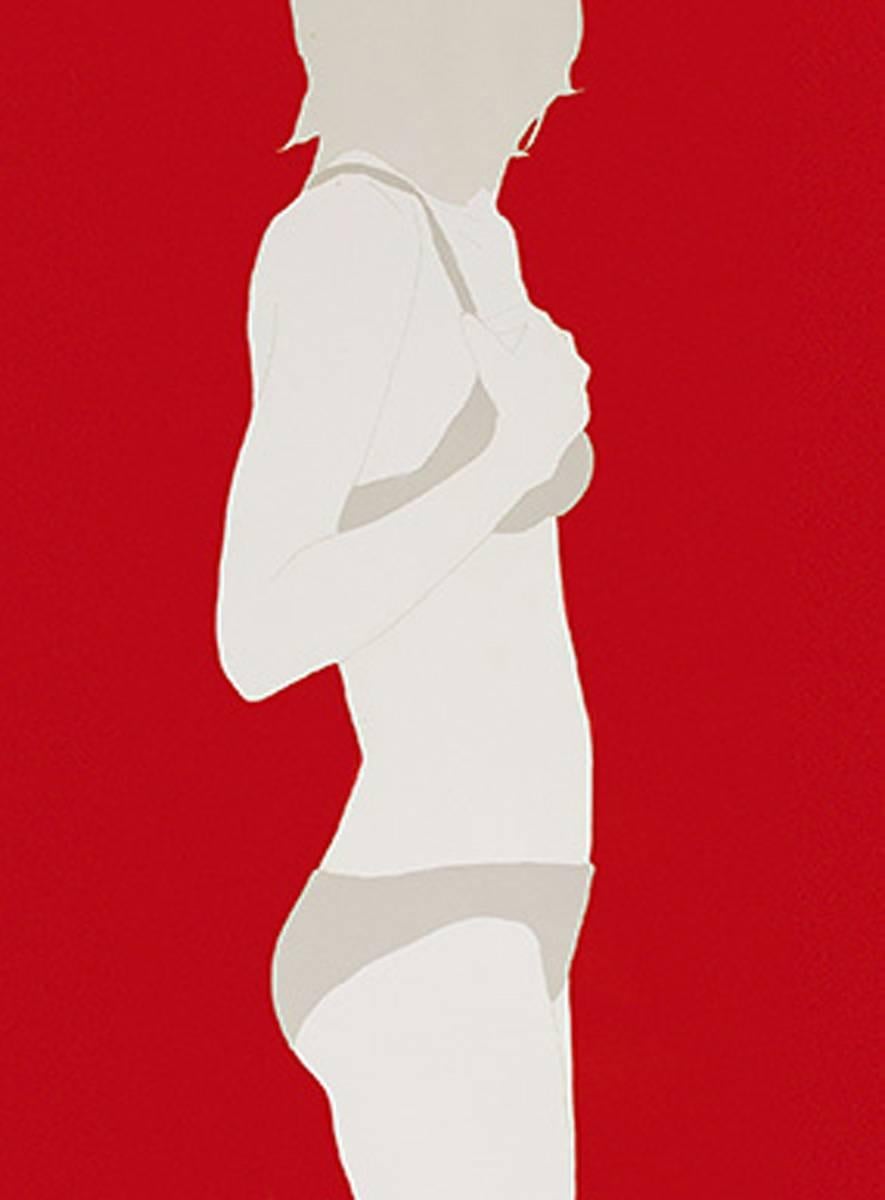 Natasha Law Figurative Painting - Grey Top and Bottoms on Red