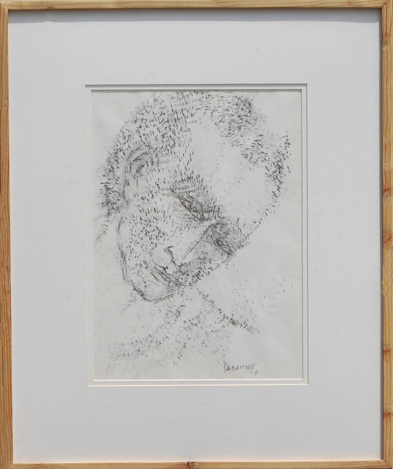 Figurative Art Akbar Padamsee - Potrait d'un homme, papier à l'encre chinoise, noir et blanc, par un maître artiste indien « en stock »