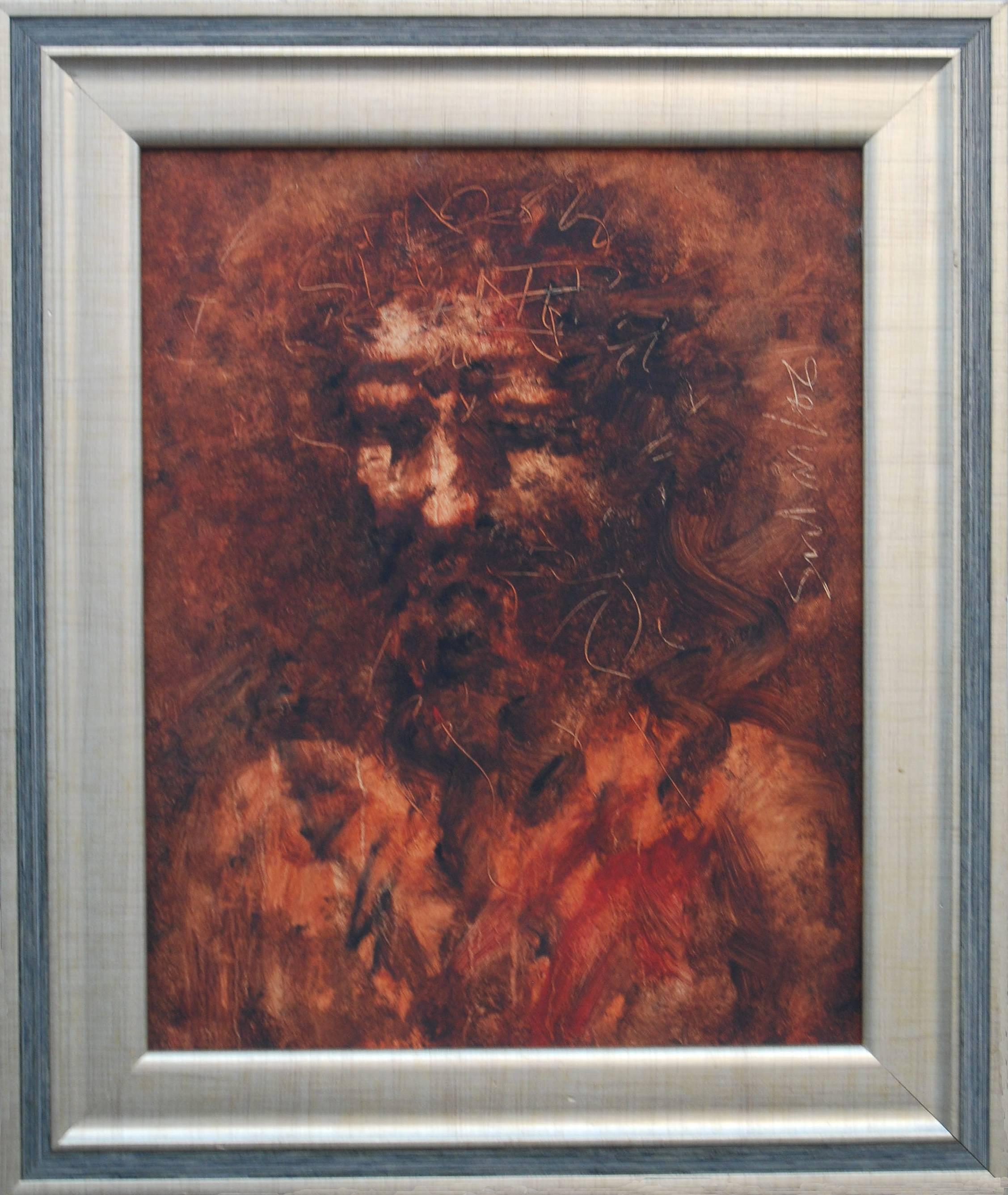 Suhas Roy Portrait Painting - Christ, Oil on Canvas, Brown, Red colors by Modern Indian Artist "In Stock"