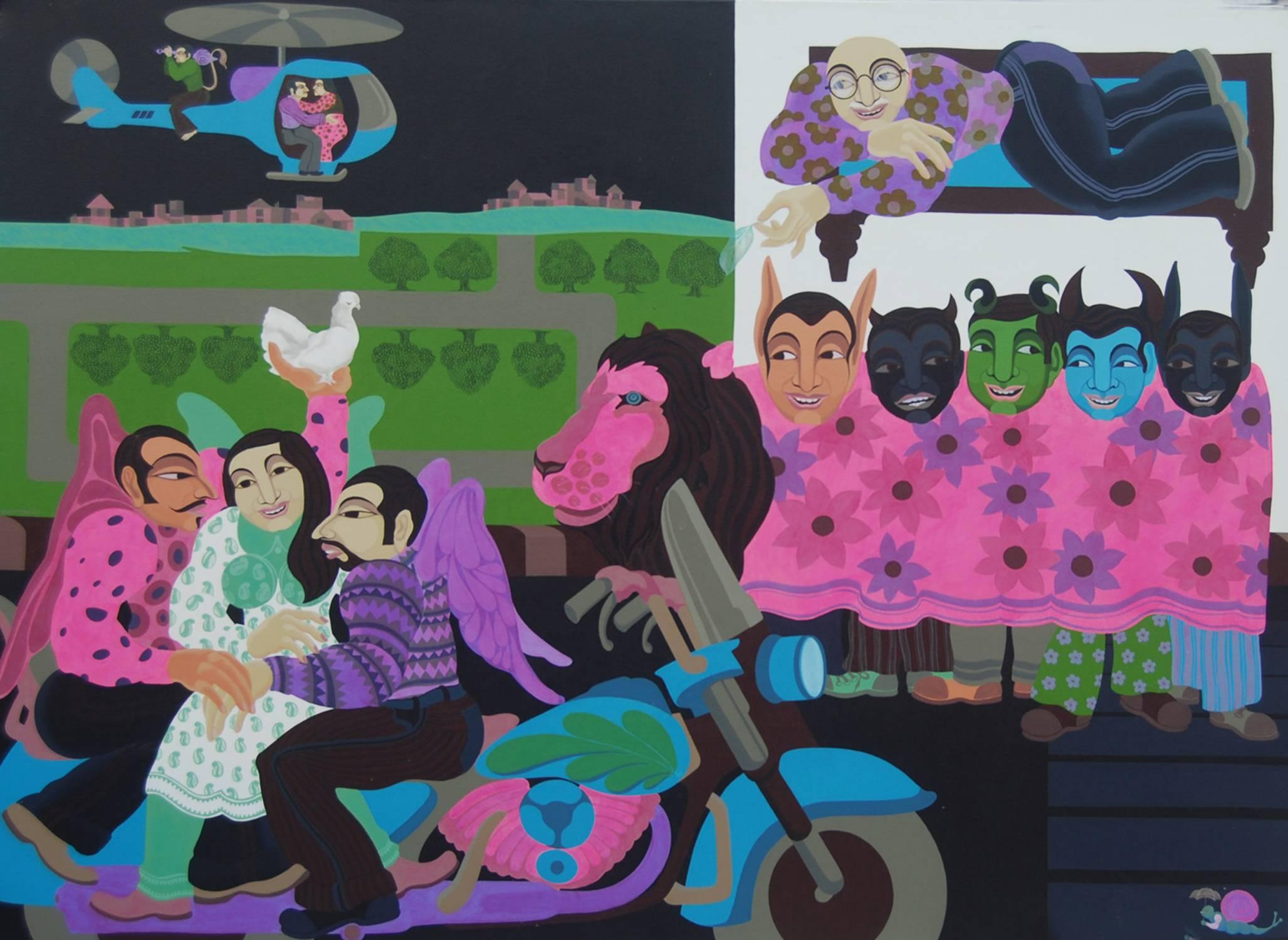 Pradiptaa Chakraborty Figurative Painting - The Voyeuristic Daddy, Acrylic, Green, Blue, Pink by Indian Artist "In Stock" 