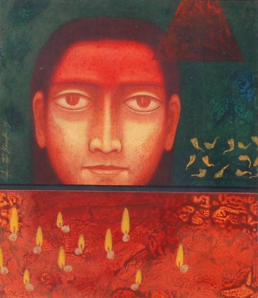 Face, Man, Tempera on Board, Red, Yellow, Green, Contemporary Artist 