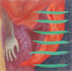 Figuratif, main, tempera sur panneau, rouge, orange, vert, artiste indien "En stock".