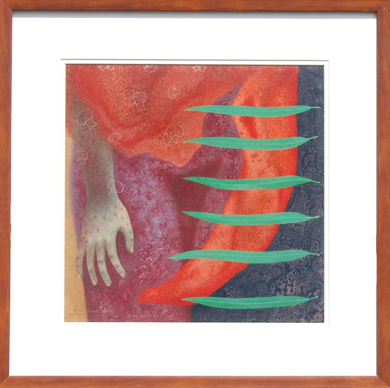 Figurative, Hand, Tempera on Board, Red, Orange, Green, Indian Artist "In Stock"