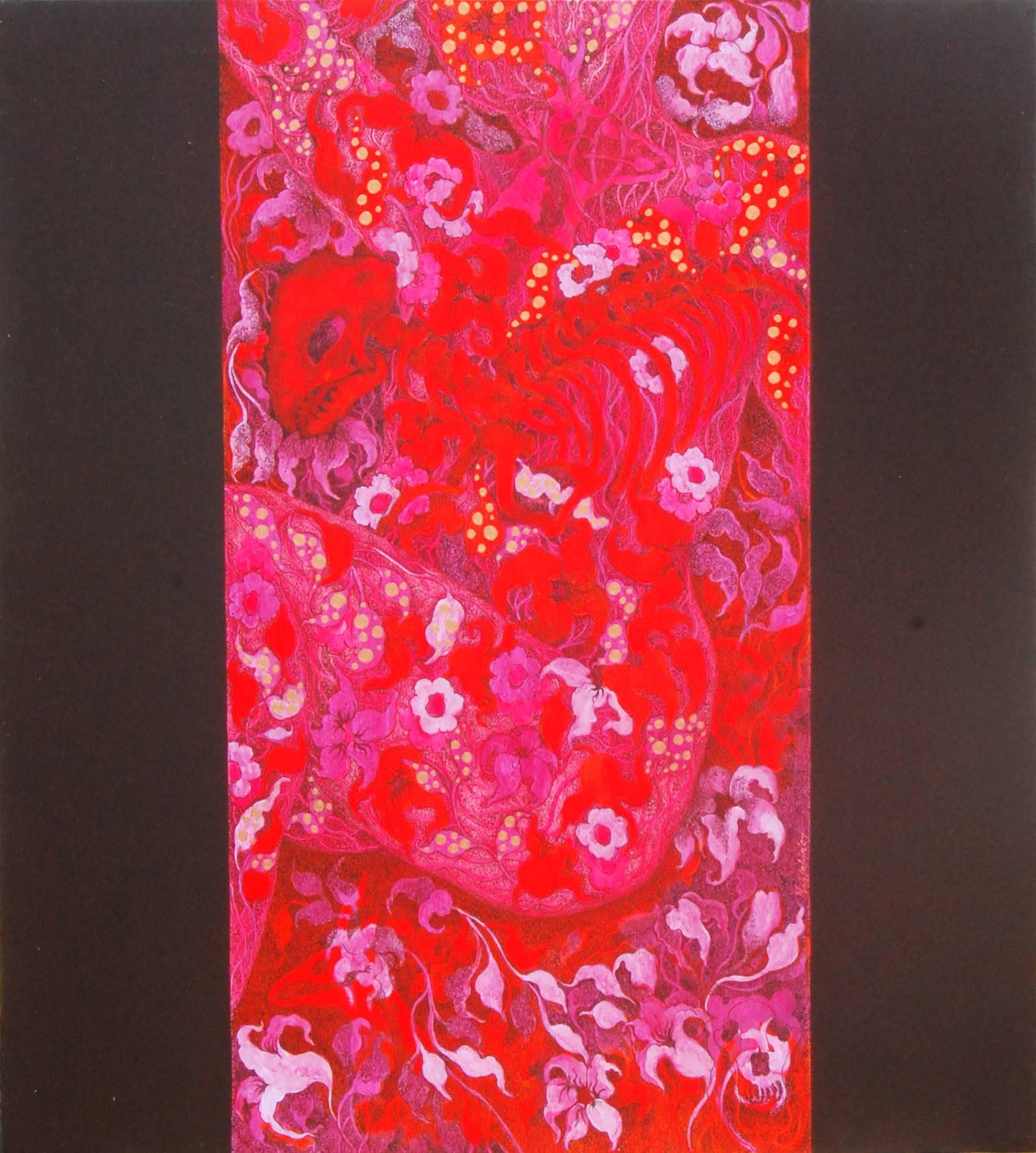 Mahjabin Imam Majumdar Abstract Painting - My Beloved Assassin, Acrylic on Canvas, Red Foliage Intricate Flowers"In Stock" 