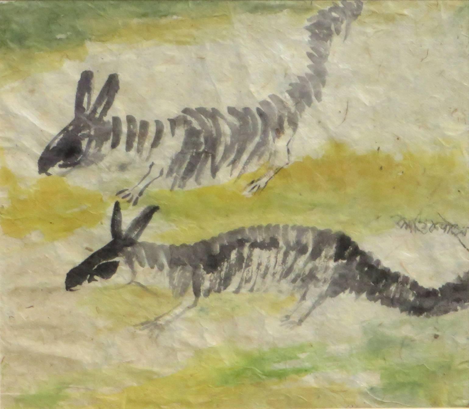 squirrels, Watercolor on Rice paper, Brown, Green, Yellow by K.C. Pyne